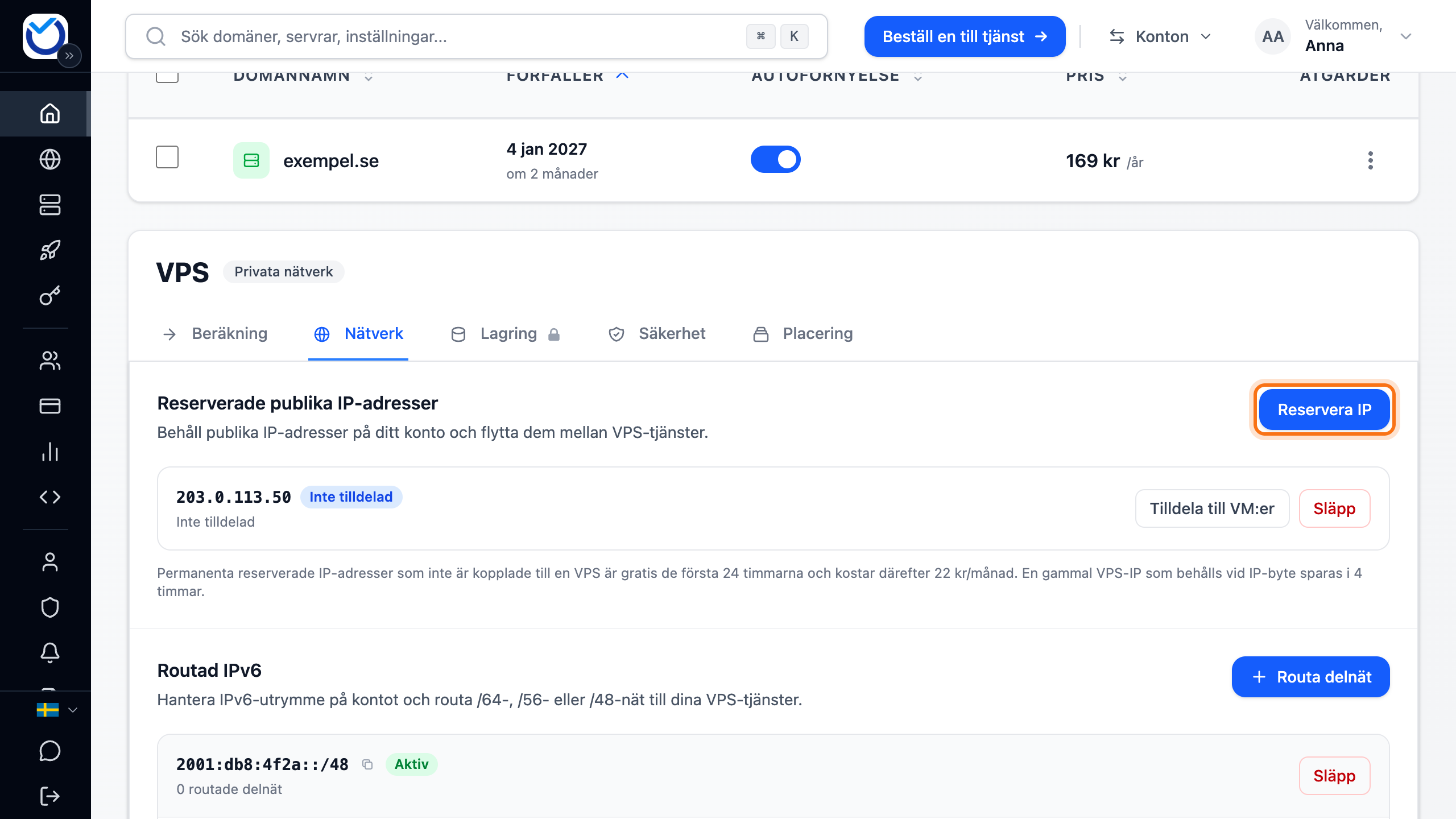 Nätverksfliken med Reserverade publika IP-adresser och knappen Reservera IP markerad