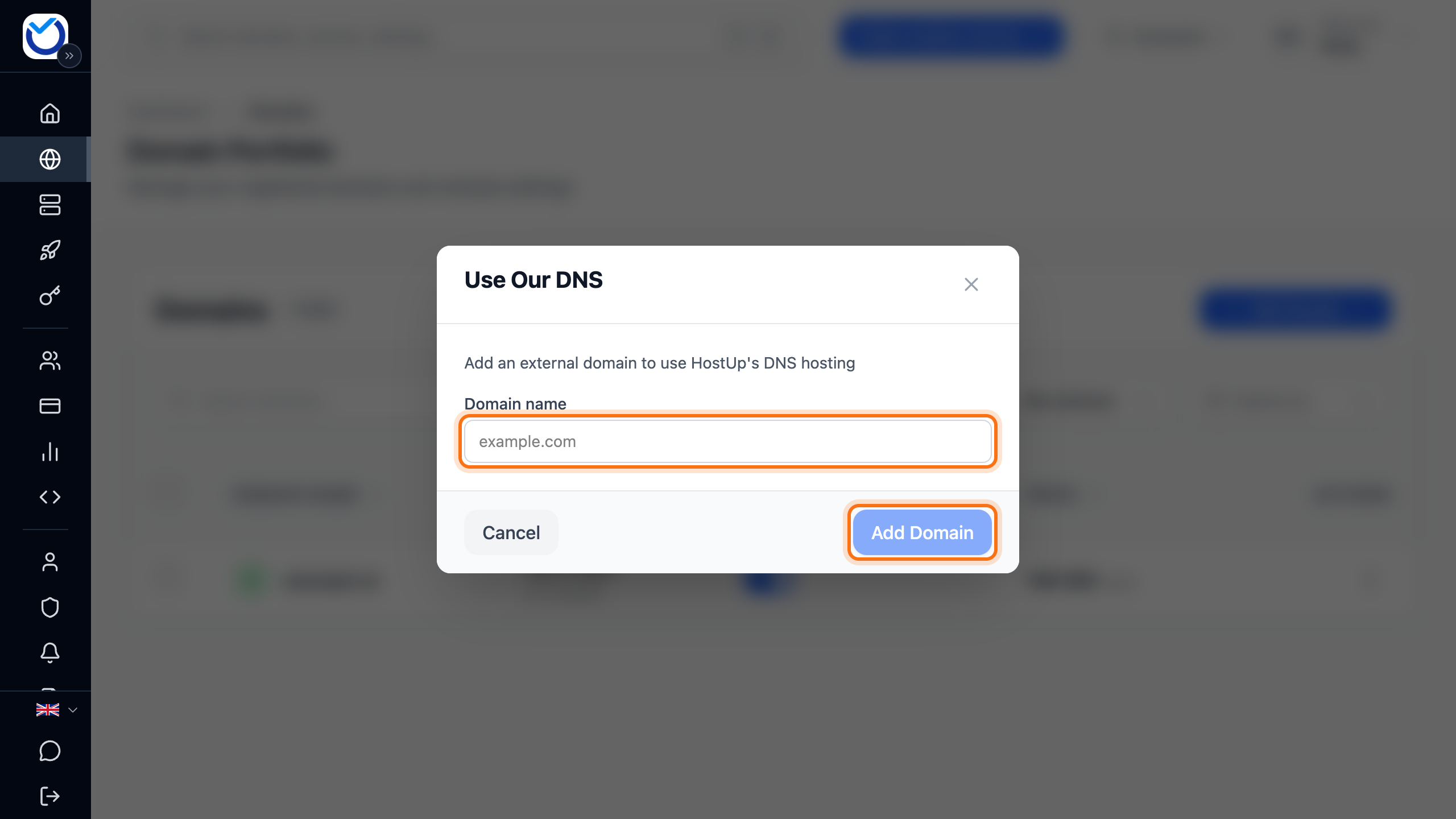 The Use Our DNS dialog with the Domain name field and the Add Domain button framed