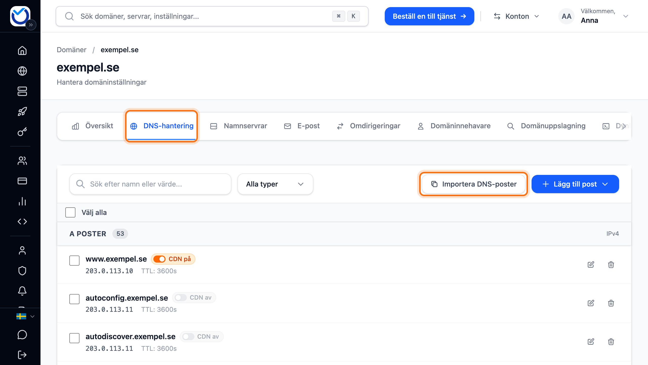 DNS-fliken för domänen med fliken DNS och knappen Importera DNS-poster markerade