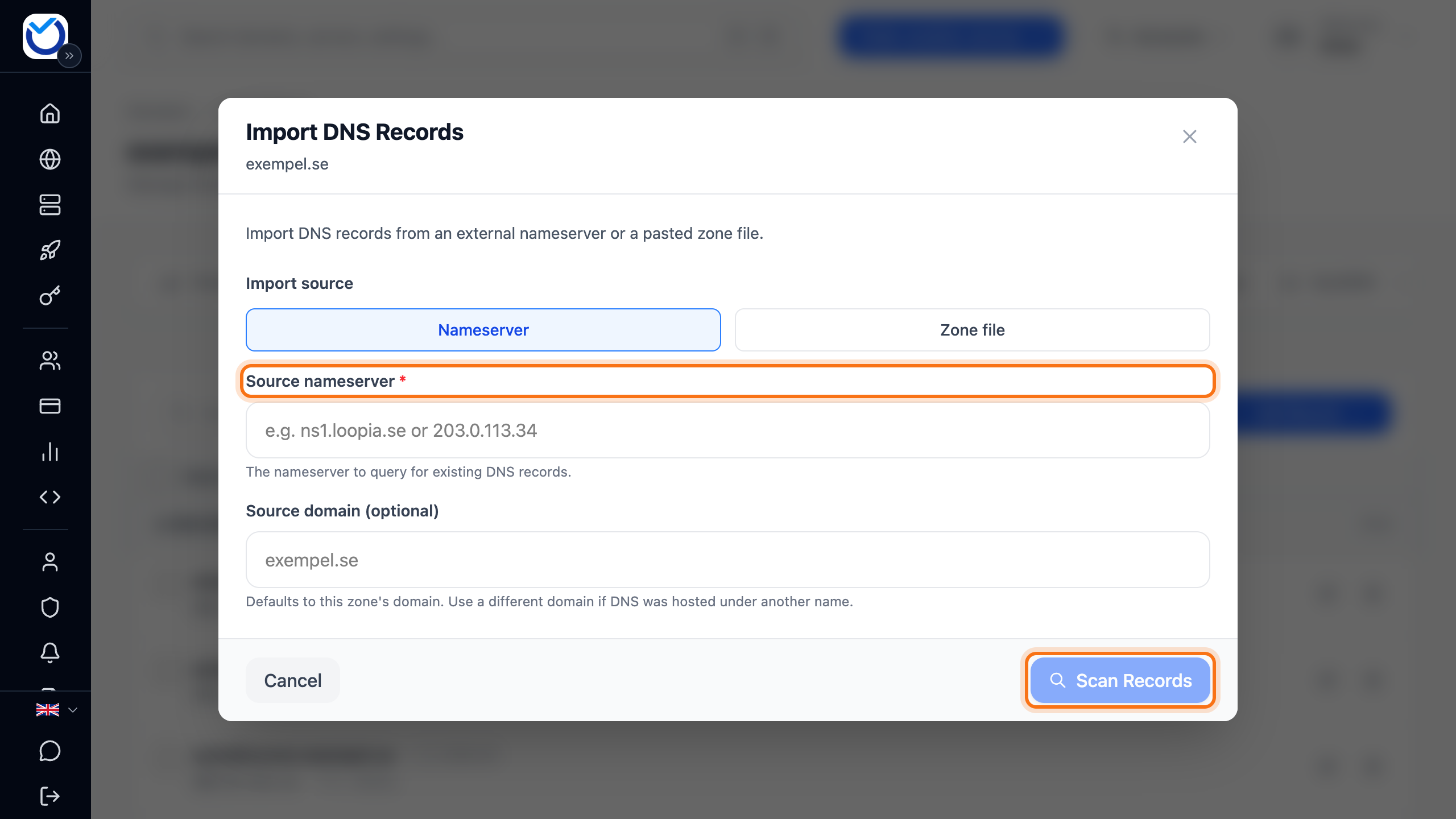 The Import DNS Records dialog with the Source nameserver field and the Scan Records button framed