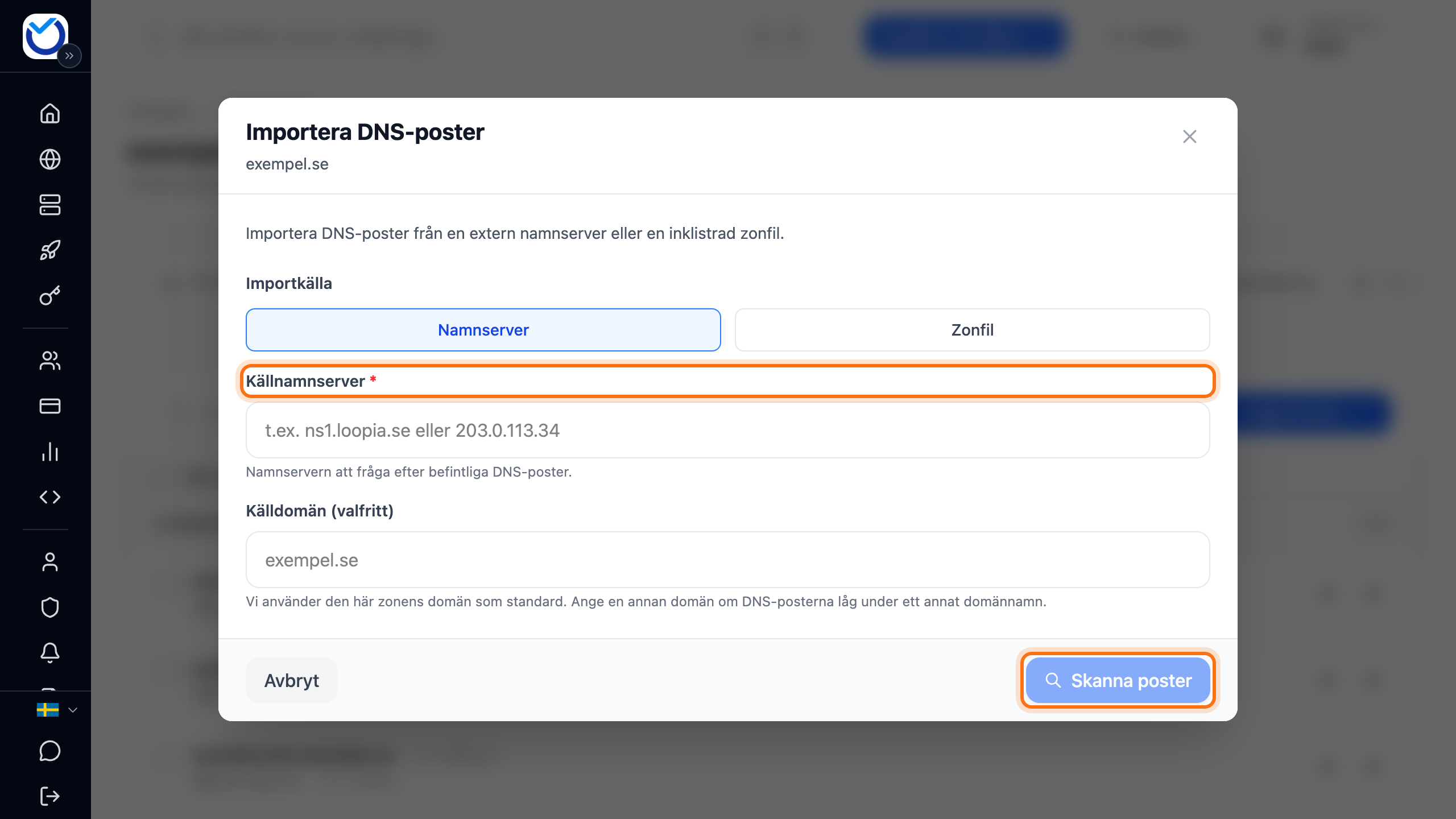 Rutan Importera DNS-poster med fältet Källnamnserver och knappen Skanna poster markerade