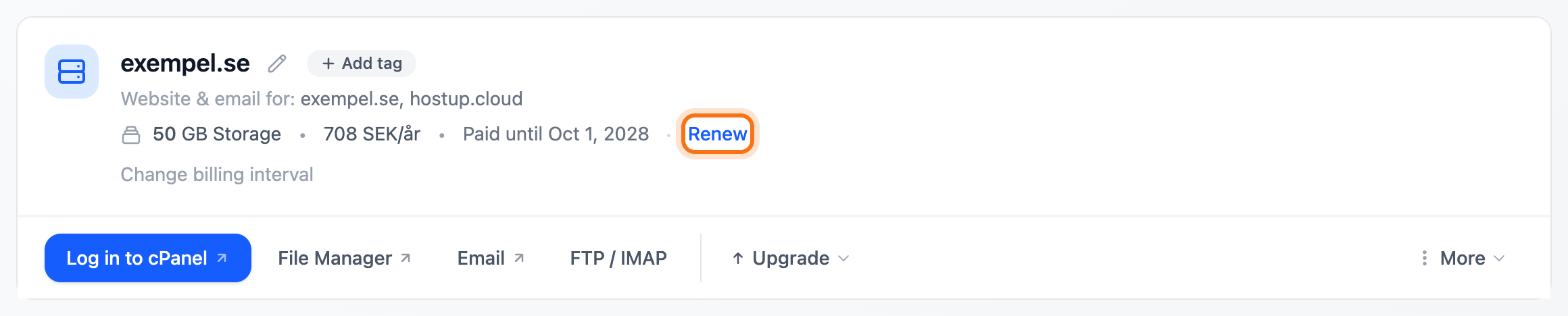 The web hosting account on the Dashboard, with the Renew link next to Paid until framed