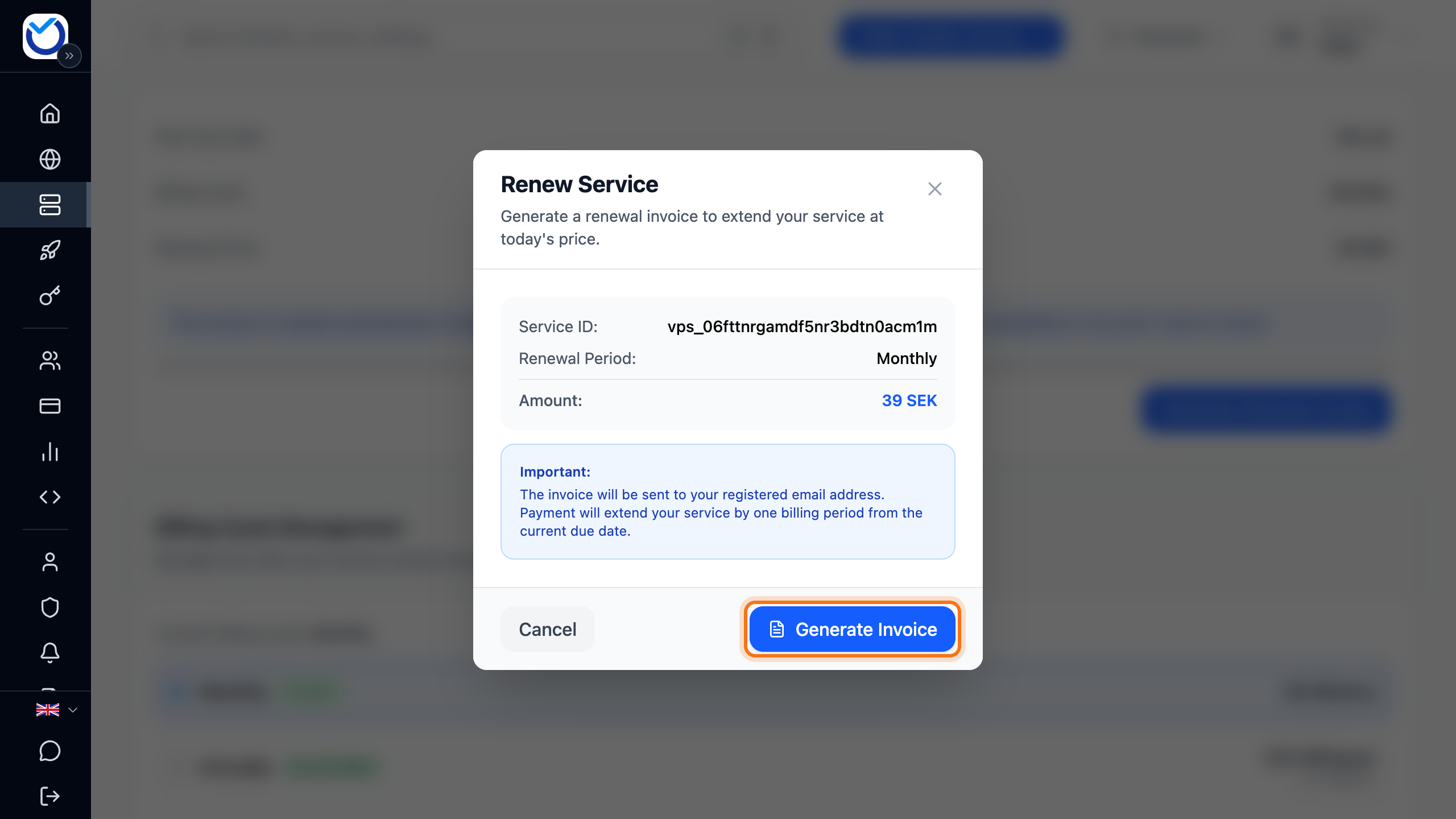 The Renew Service dialog with the Generate Invoice button framed