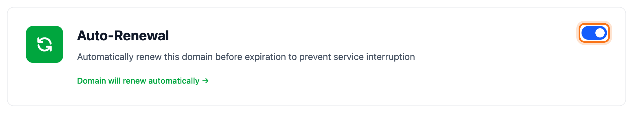 The Auto-Renewal box on the Settings tab with its switch framed