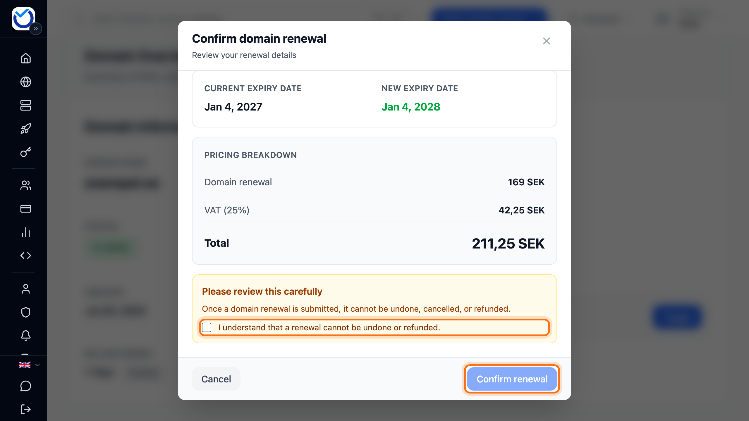 The Confirm domain renewal dialog with the checkbox to tick and the Confirm renewal button framed