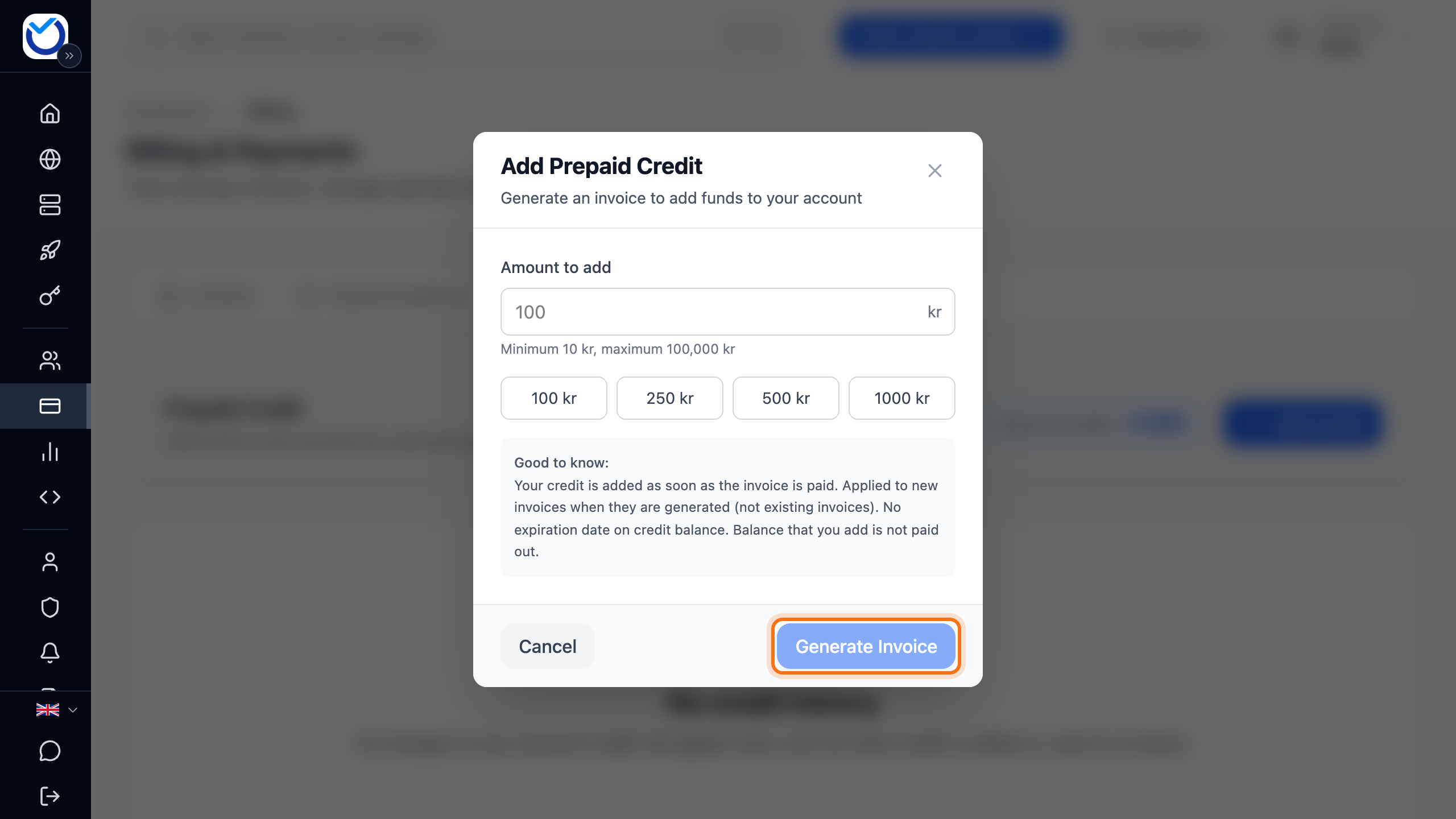 The top-up dialog with the amount field and the Generate Invoice button framed