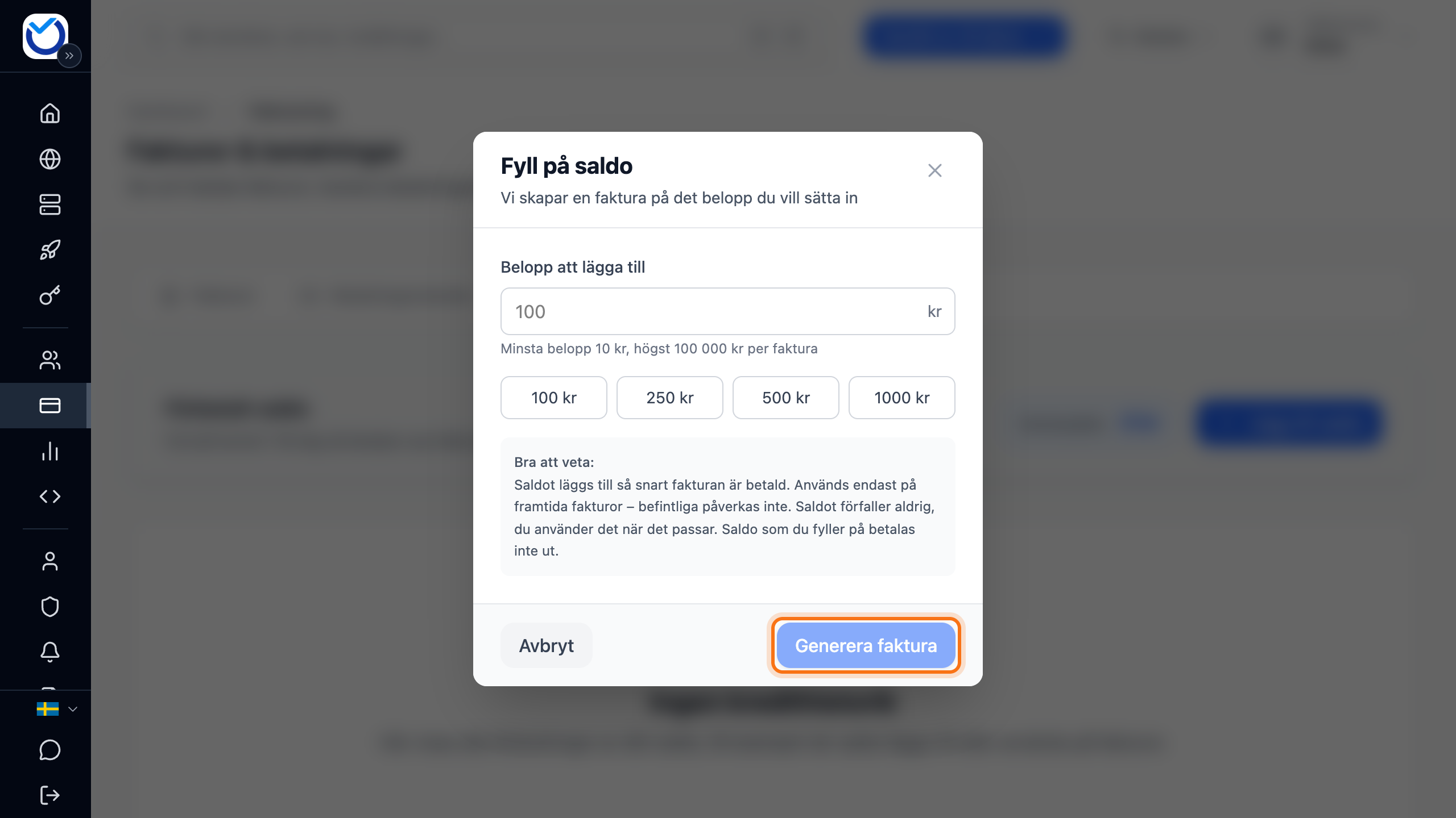 Rutan Fyll på saldo med beloppsfältet och knappen Generera faktura markerad