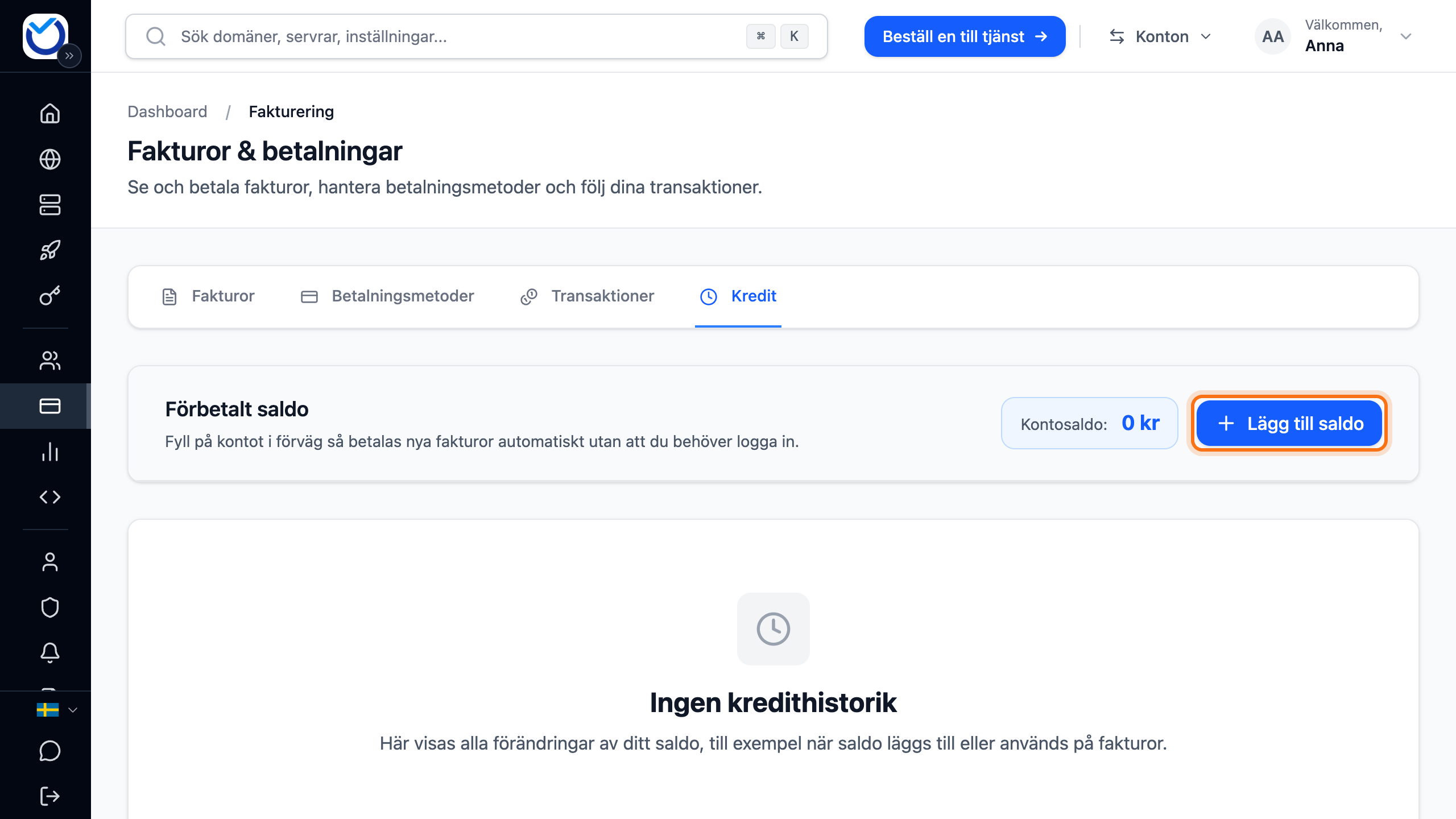 Fliken Kredit med kontosaldot och knappen Lägg till saldo markerad