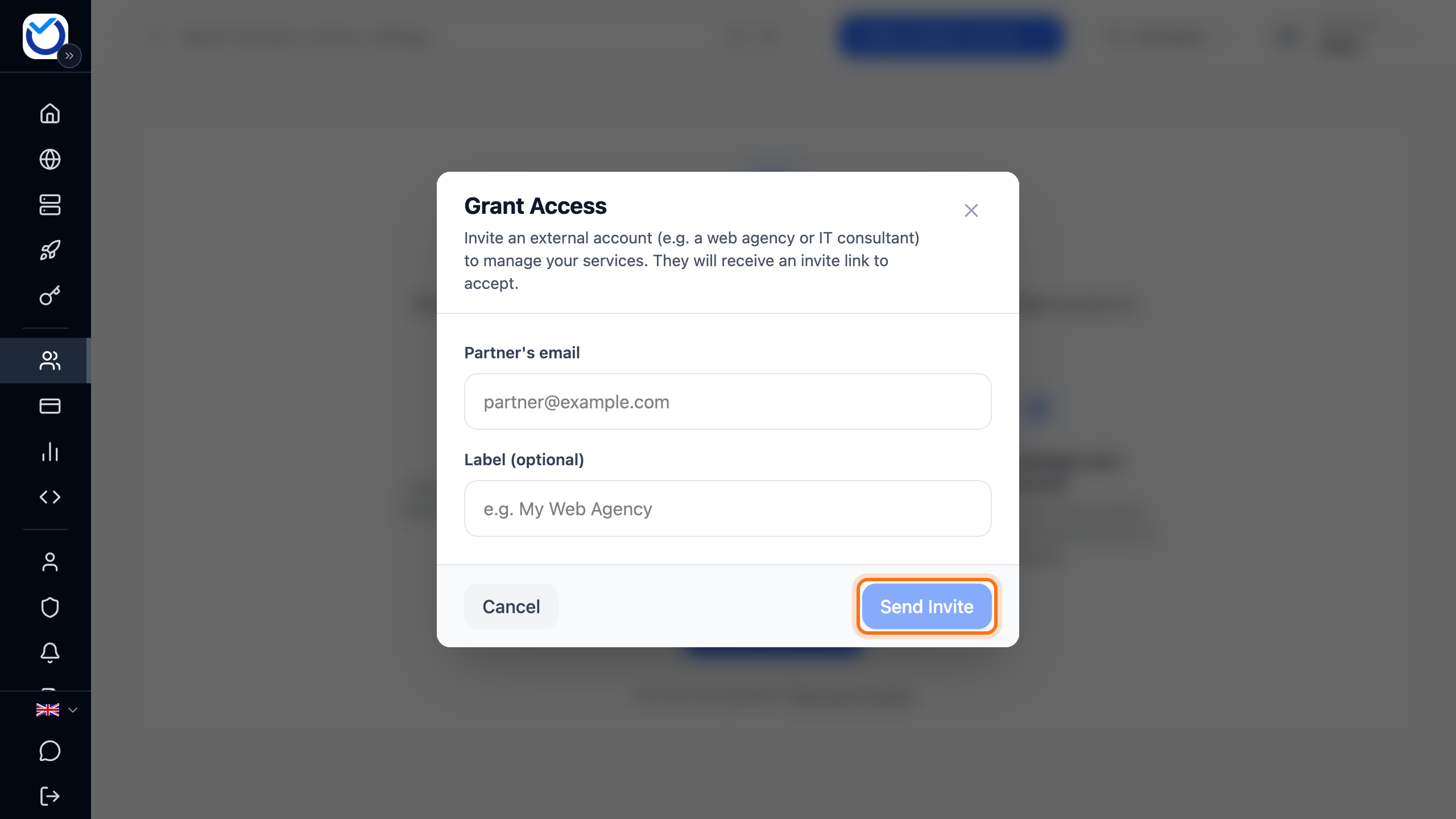 The Grant Access dialog with the partner email field and the Send Invite button framed