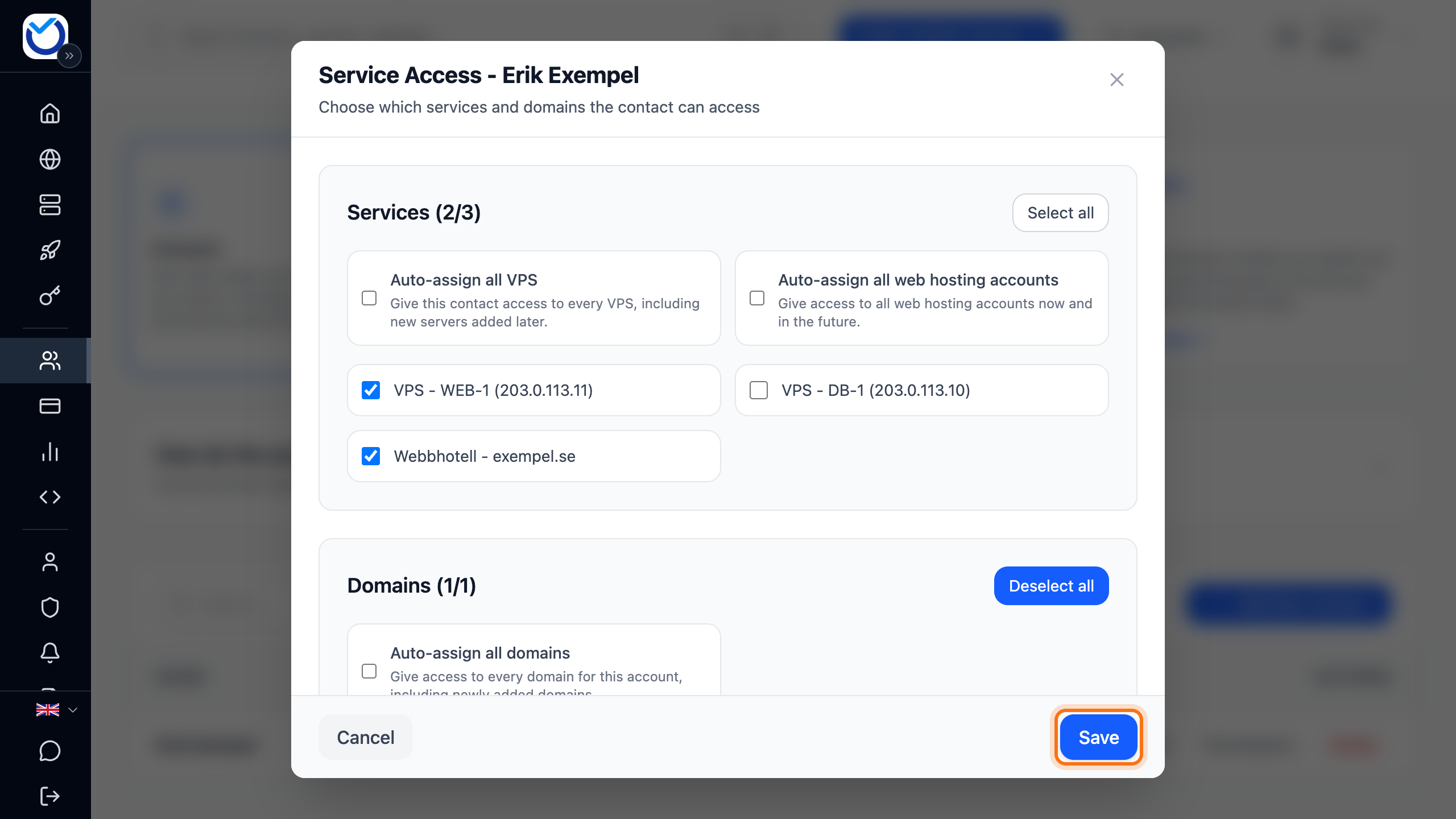 The Service Access dialog with the permissions and the Save button framed