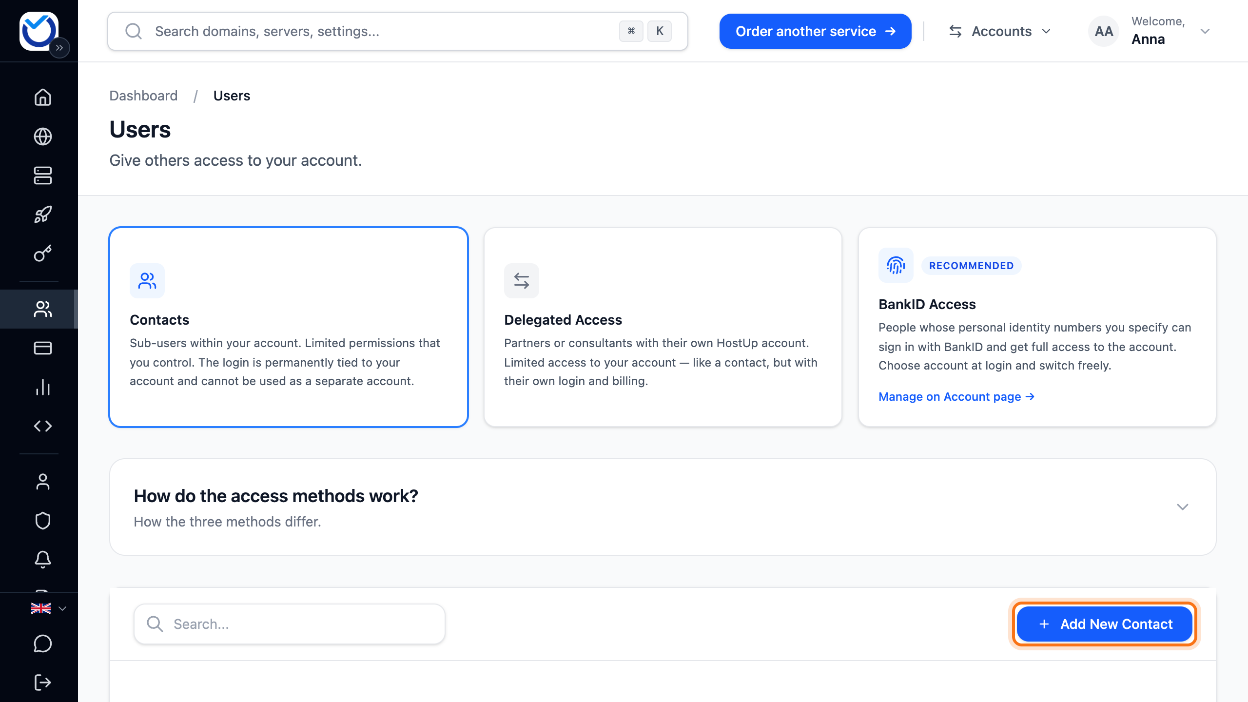 The Users page with the Add New Contact button framed