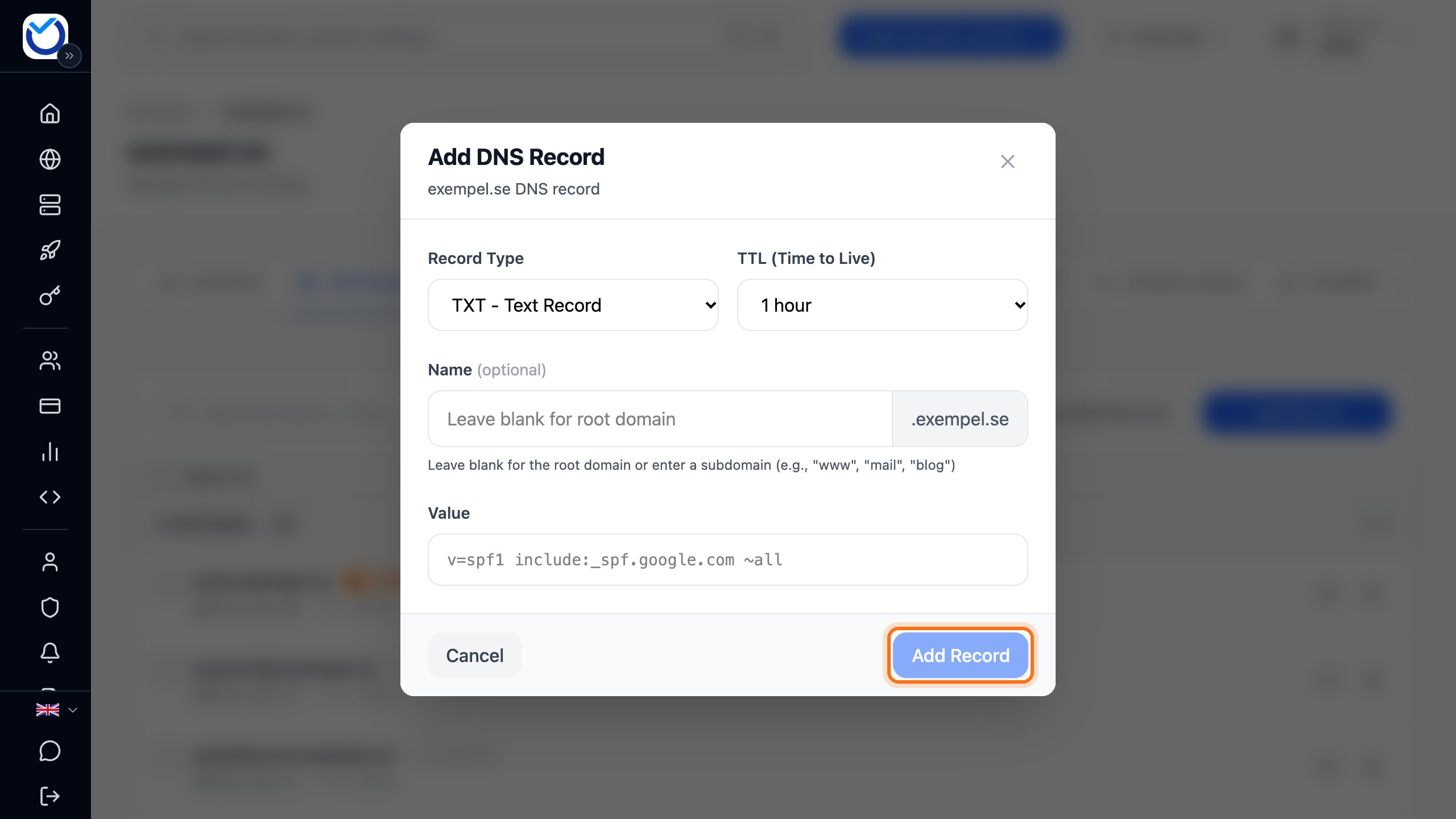 The Add DNS Record dialog for a TXT record, with the Name, Value and TTL fields and the Add Record button framed