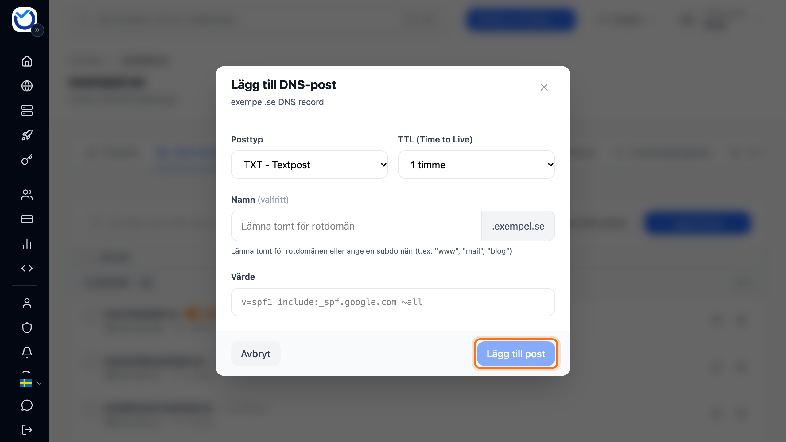 Rutan Lägg till DNS-post för en TXT-post, med fälten Namn, Värde och TTL och knappen Lägg till post markerad
