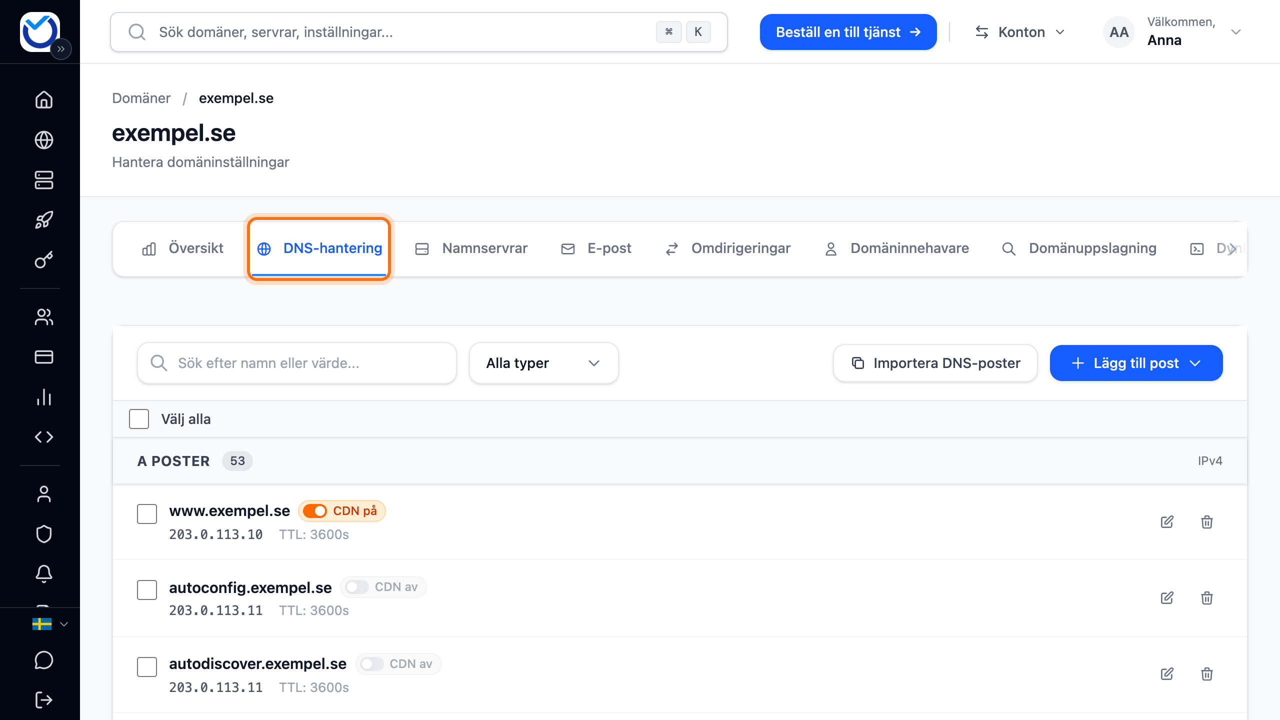 Domänens sida med fliken DNS markerad