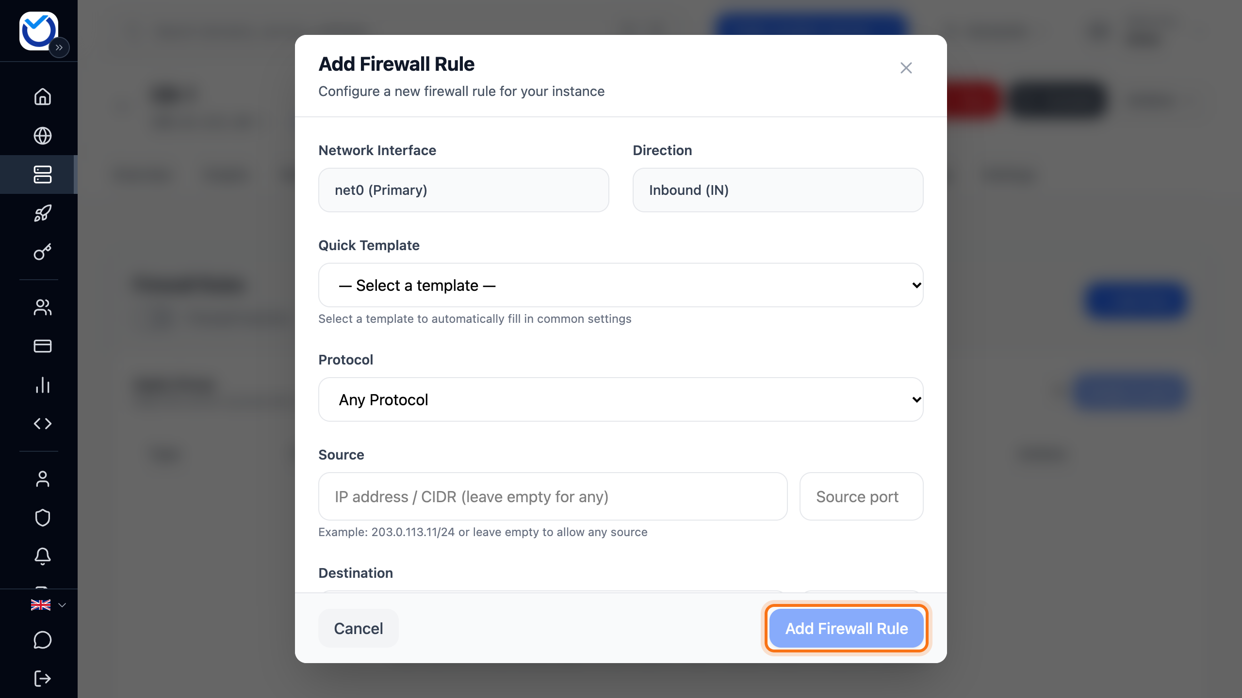The Add Firewall Rule dialog with Quick Template, Protocol and Source and the Add Firewall Rule button framed