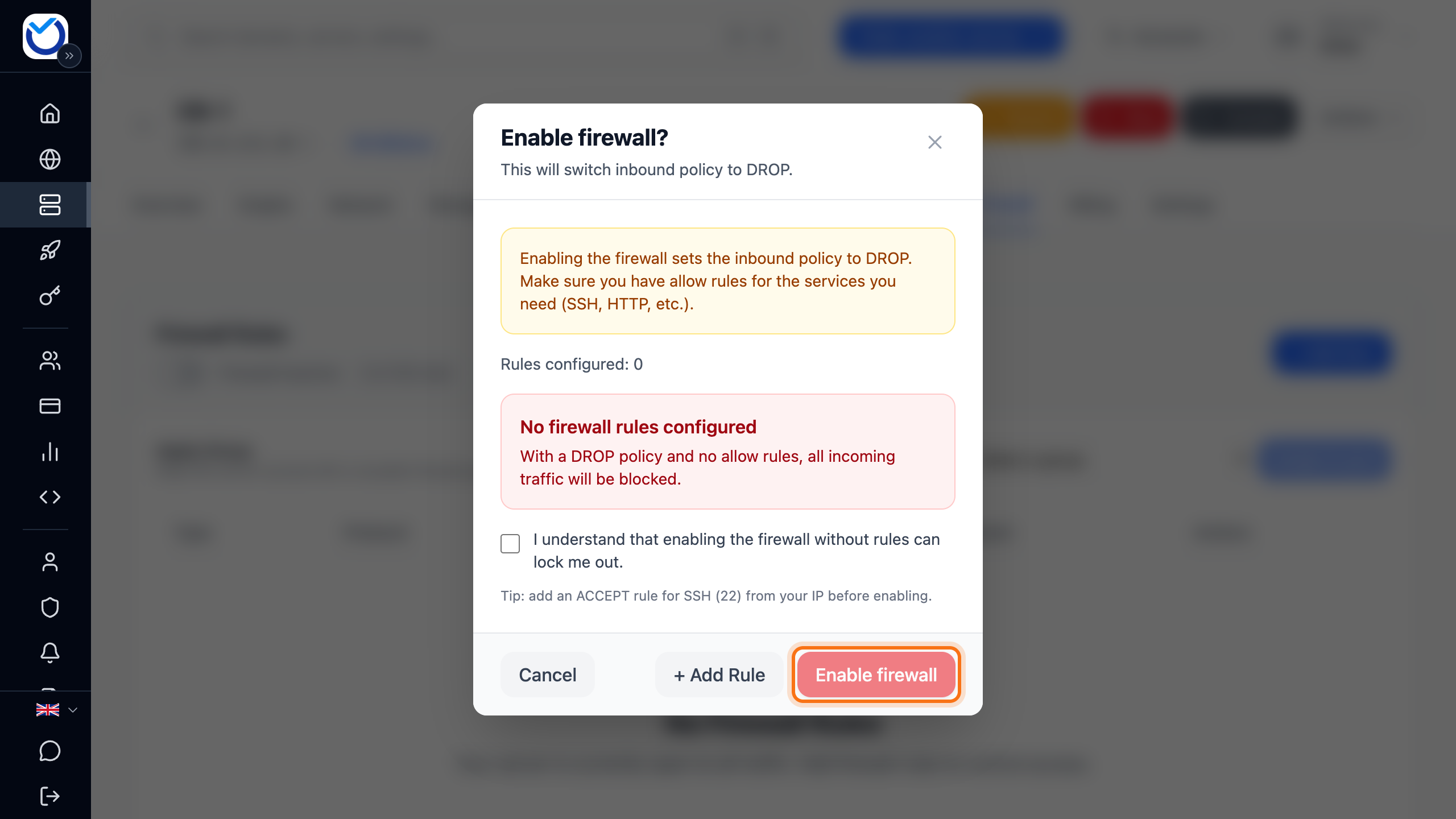 The Enable firewall dialog with the Enable firewall button framed
