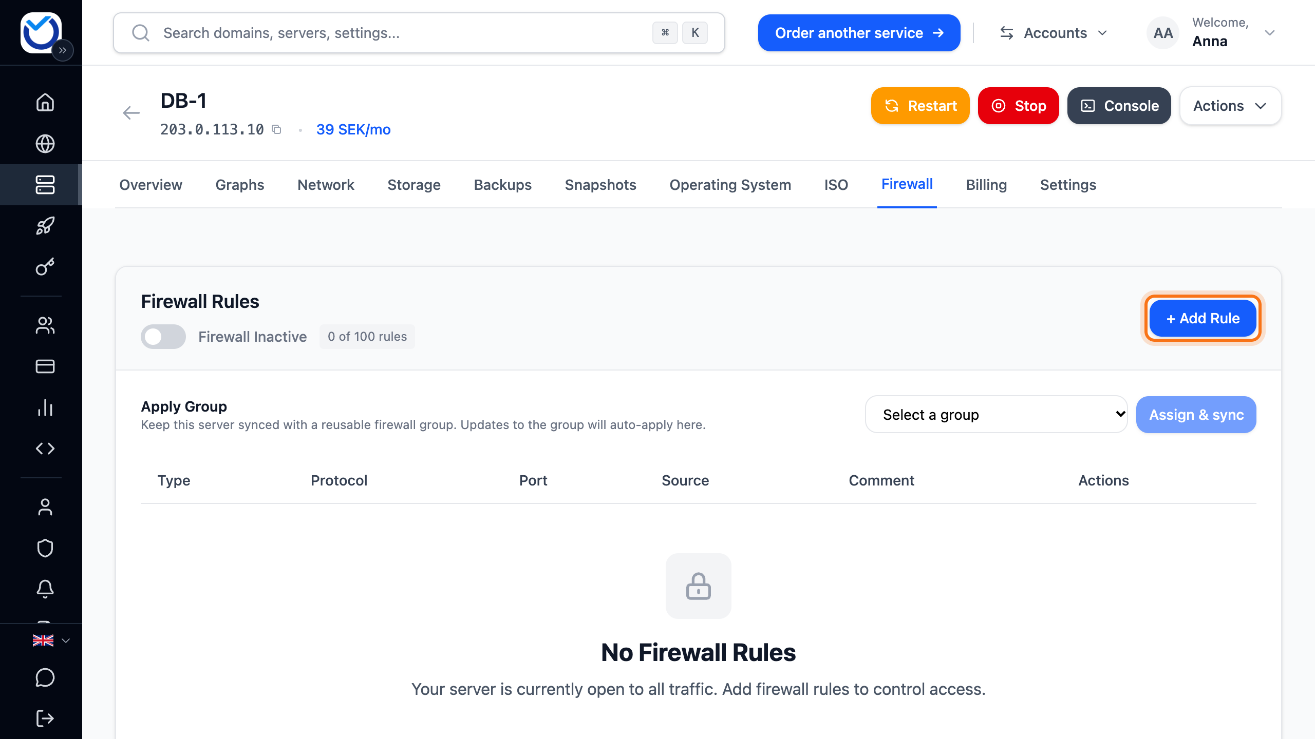 The Firewall tab with the Add Rule button framed