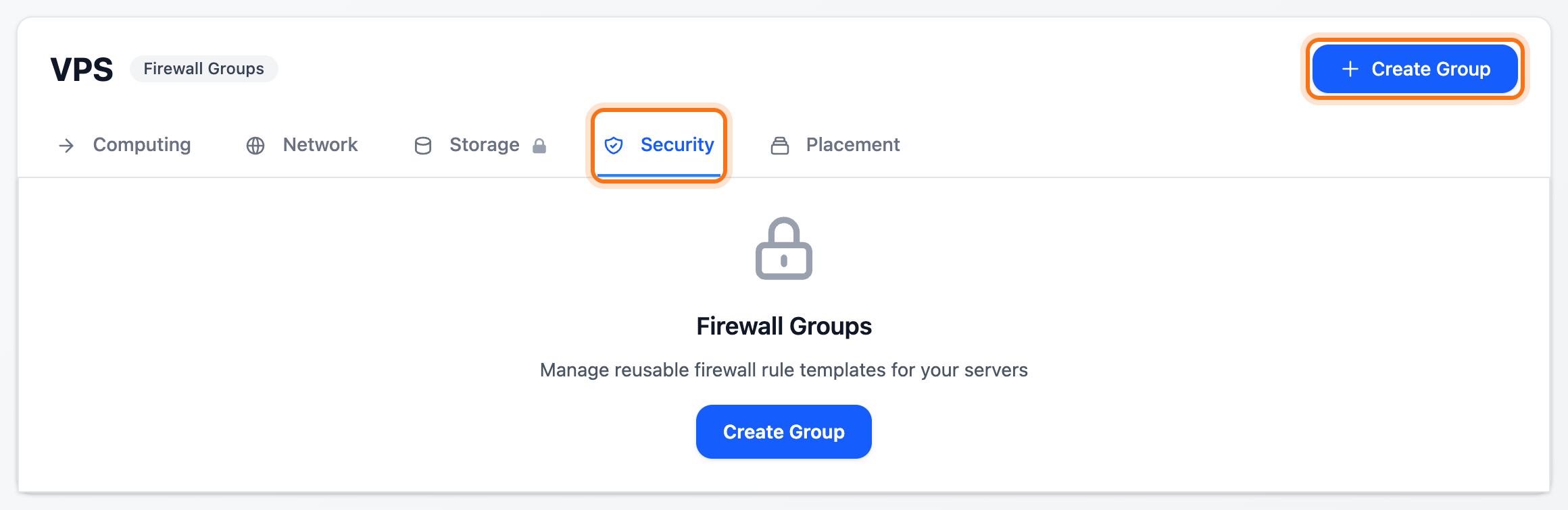 The VPS box on the Dashboard with the Security tab and the Create Group button framed