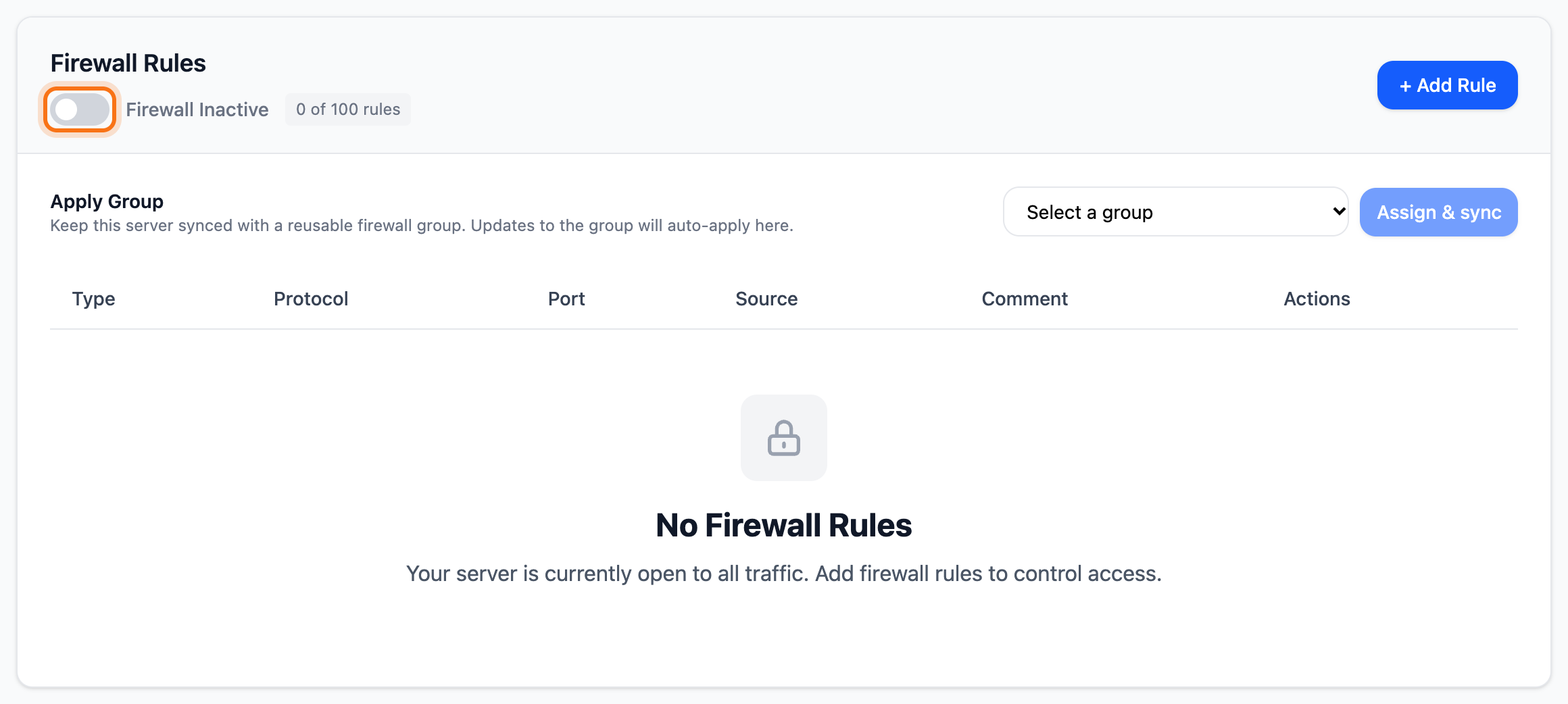 The Firewall Rules box with the switch next to Firewall Inactive framed