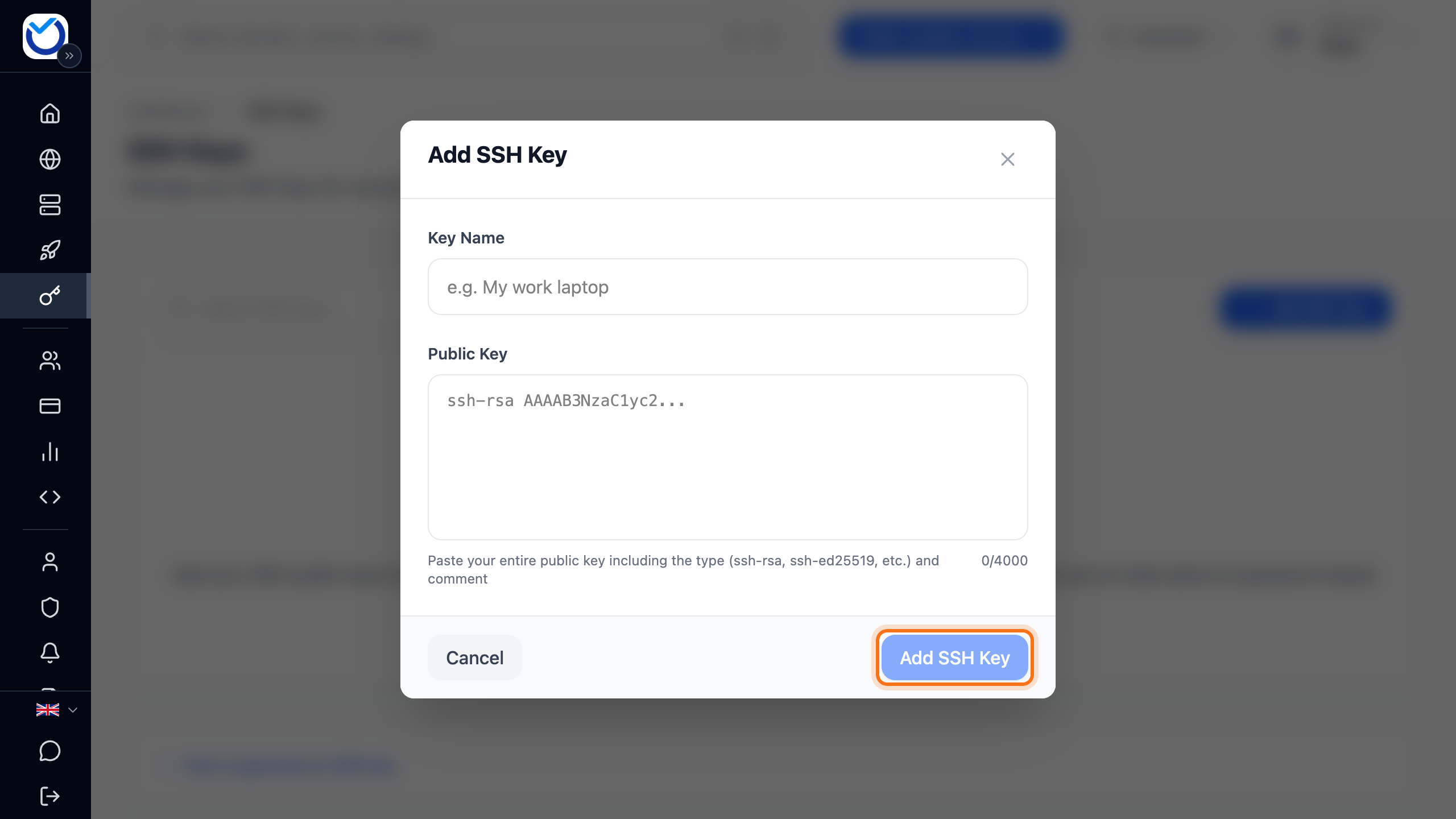 The Add SSH Key dialog with the Key Name and Public Key fields and the Add SSH Key button framed