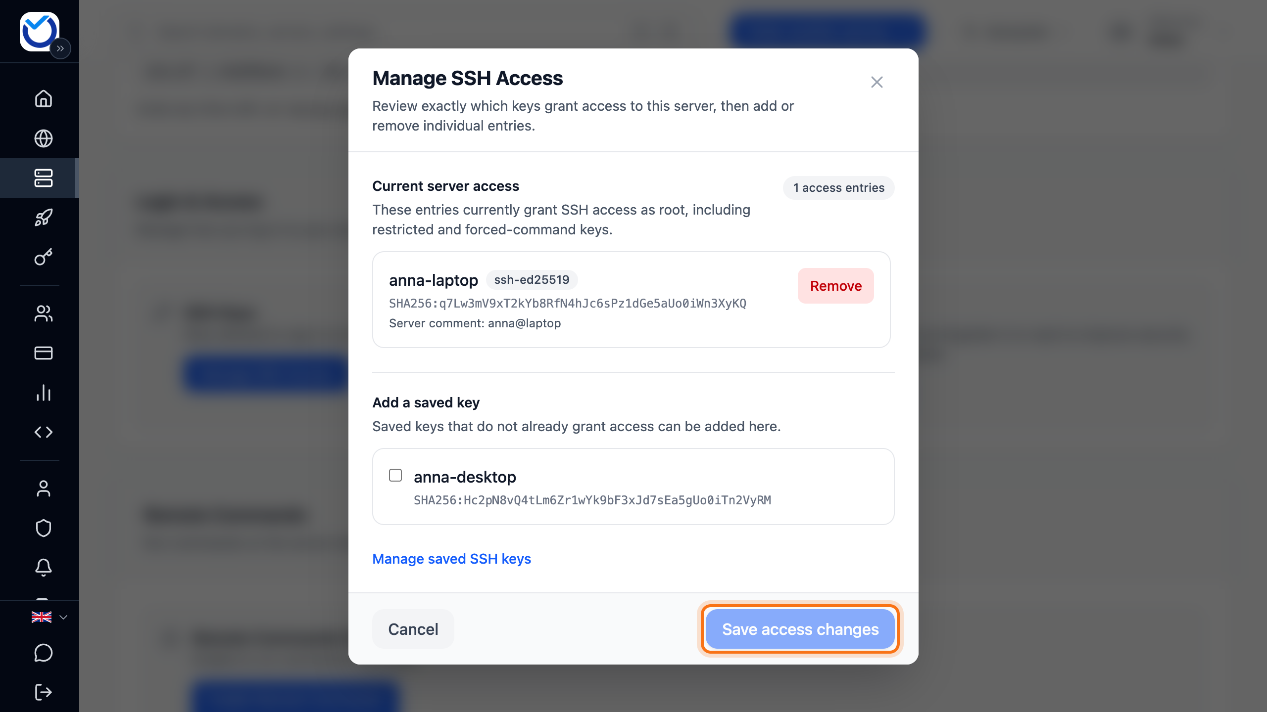 The Manage SSH Access dialog with the keys on the server, a saved key to tick and the Save access changes button framed