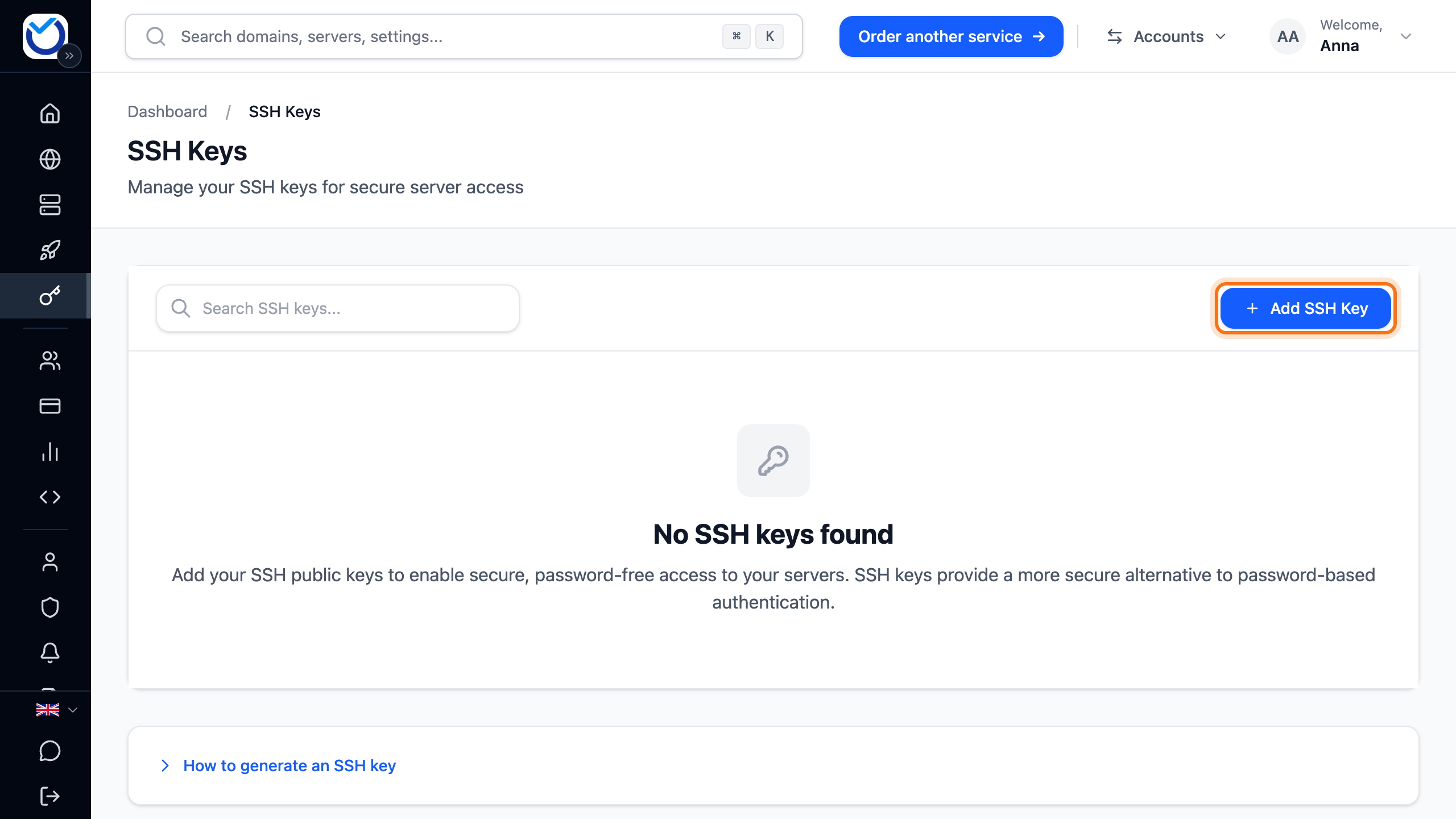 The SSH Keys page with the Add SSH Key button framed