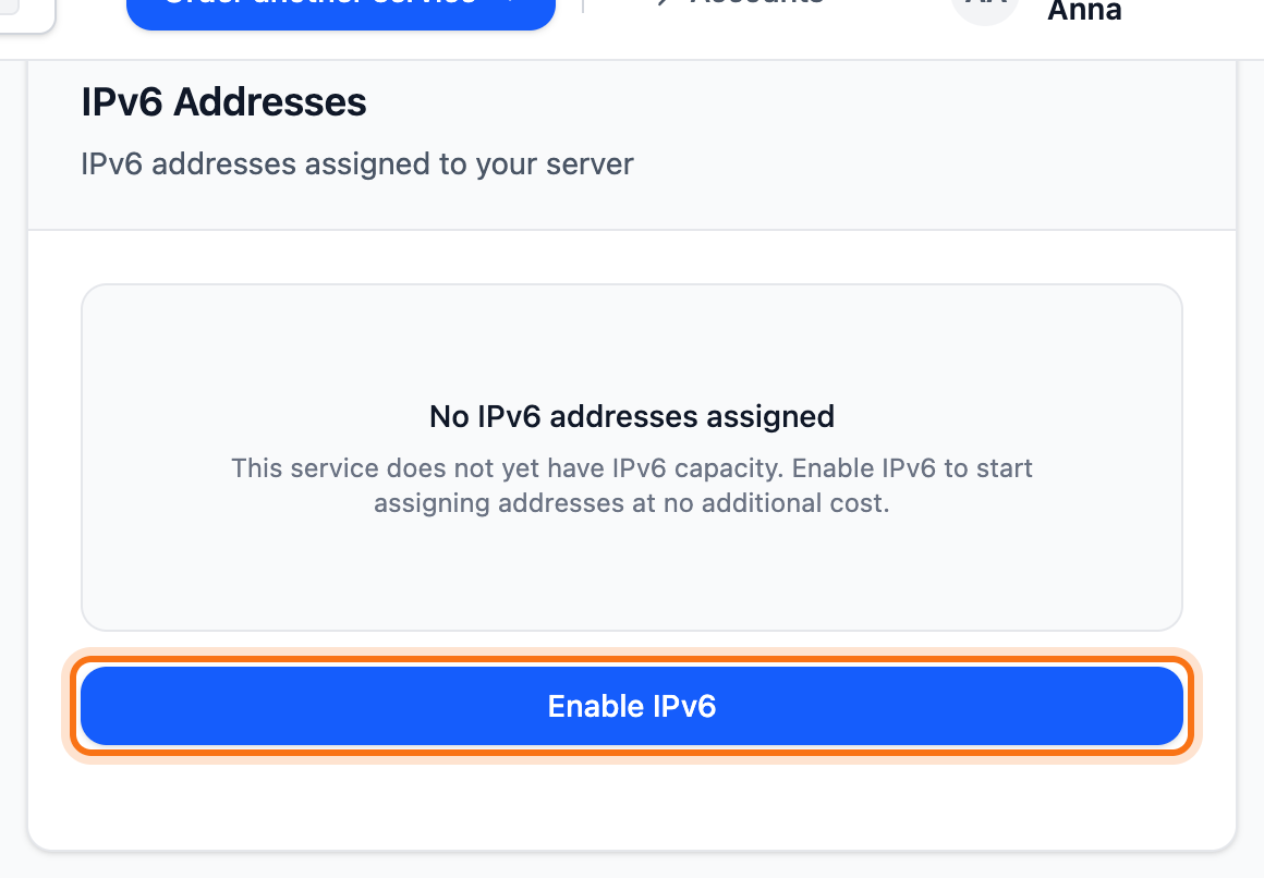 The IPv6 box with the Enable IPv6 button framed