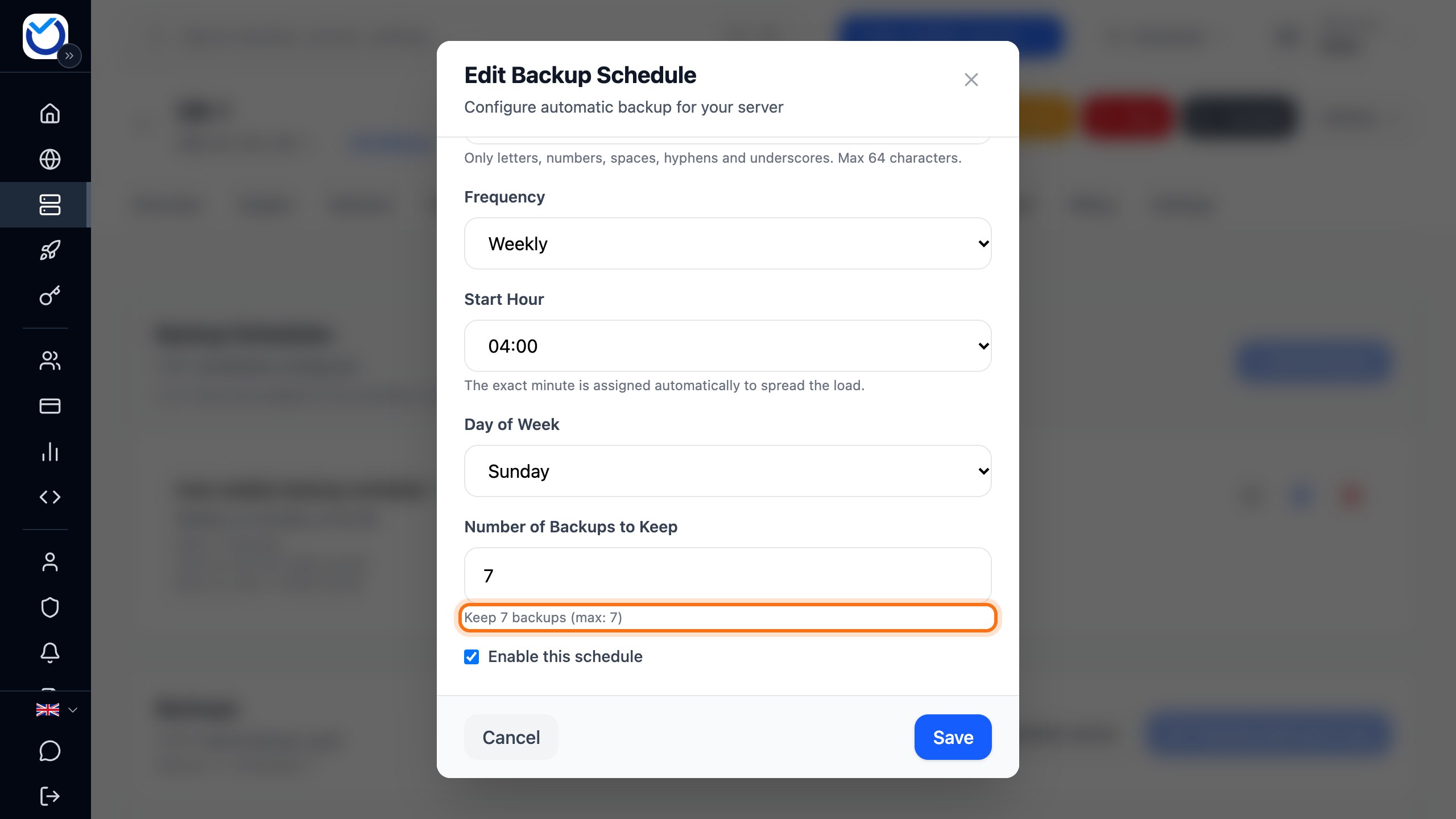 The Edit Backup Schedule dialog. The line below the Number of Backups to Keep field, with the highest number you can choose, is framed