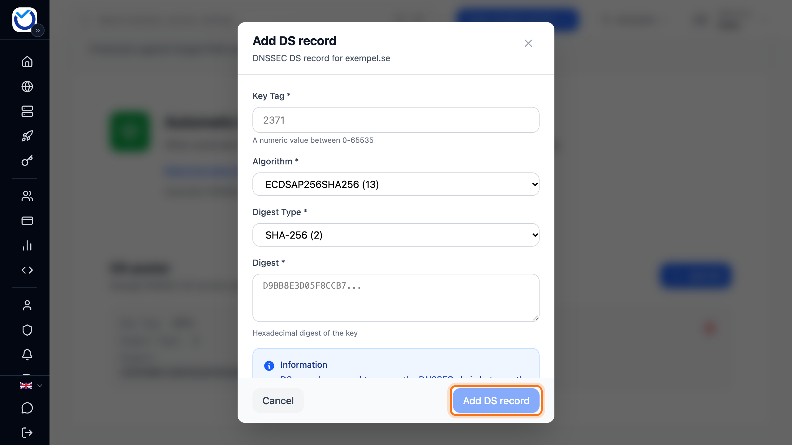 The Add DS record dialog with the Key Tag, Algorithm, Digest Type and Digest fields. The Add DS record button is framed