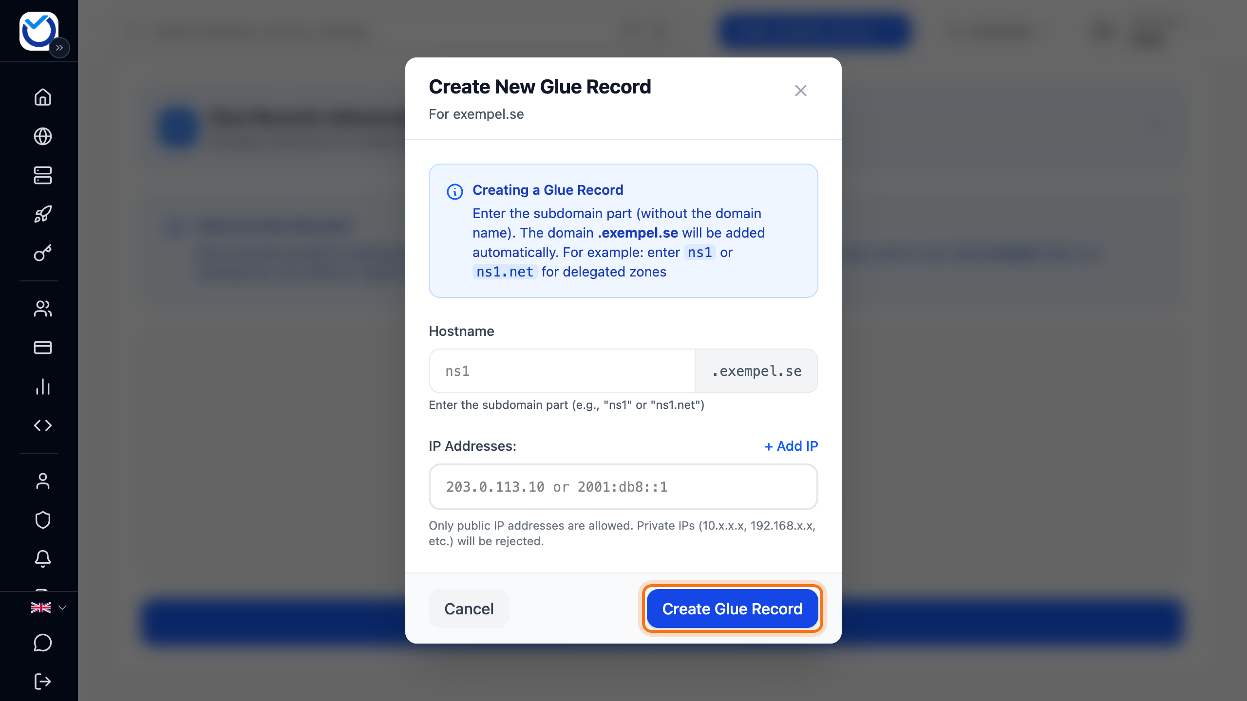 The Create New Glue Record dialog with the Hostname and IP Addresses fields. The Create Glue Record button is framed