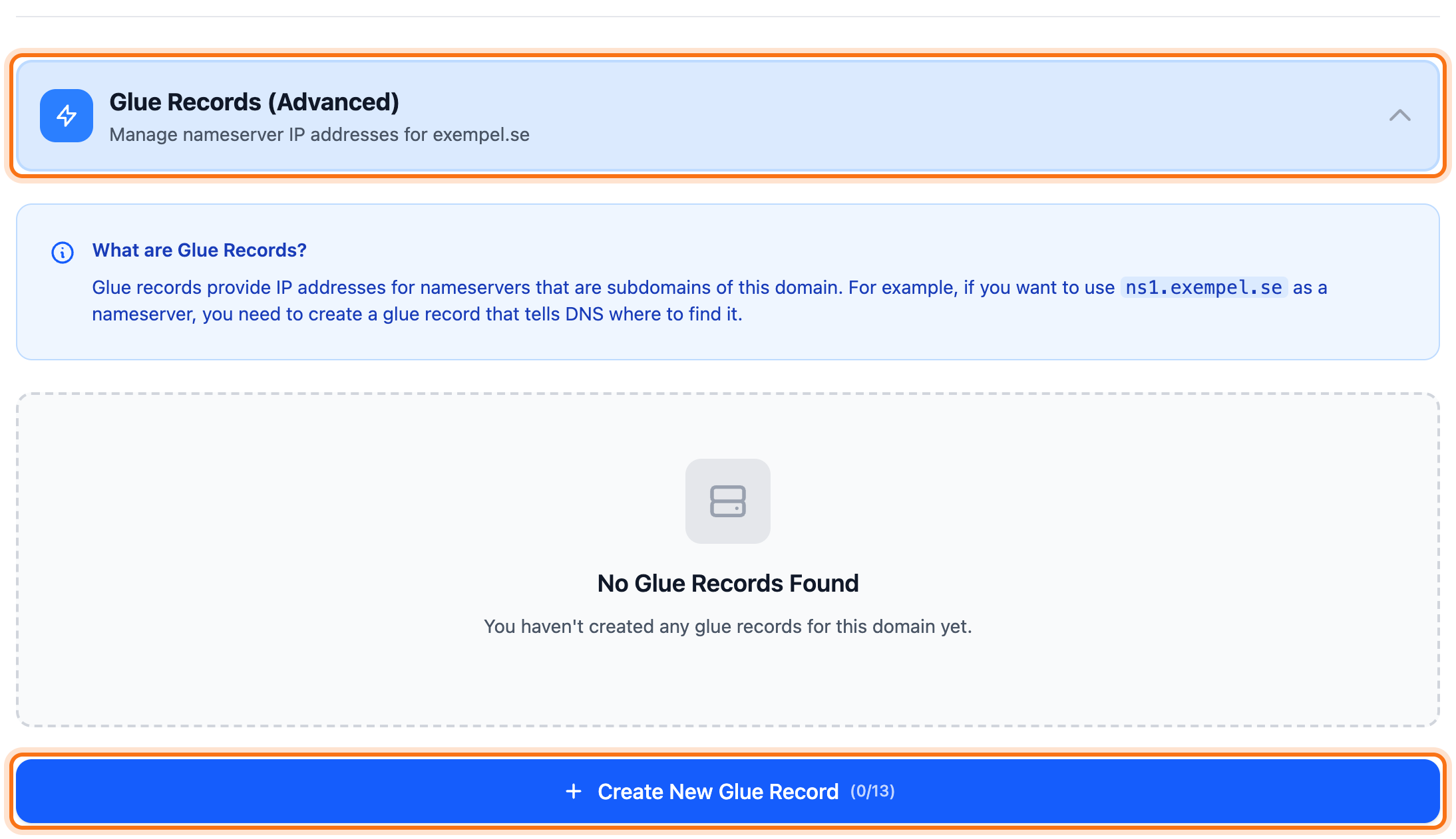 The opened Glue Records (Advanced) section on the Nameservers tab. The heading and the Create New Glue Record button at the bottom are framed