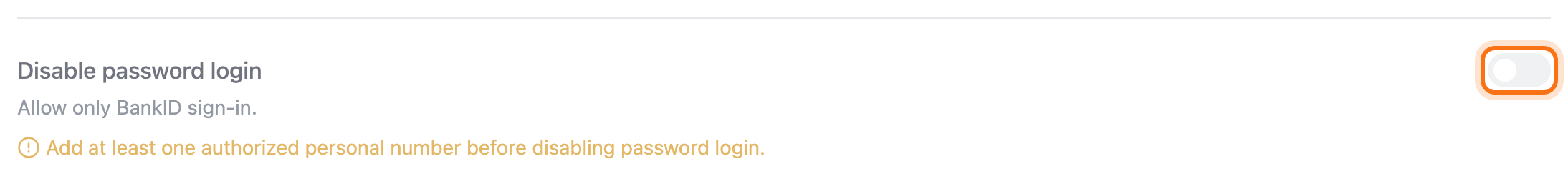 The Disable password login setting with its switch framed