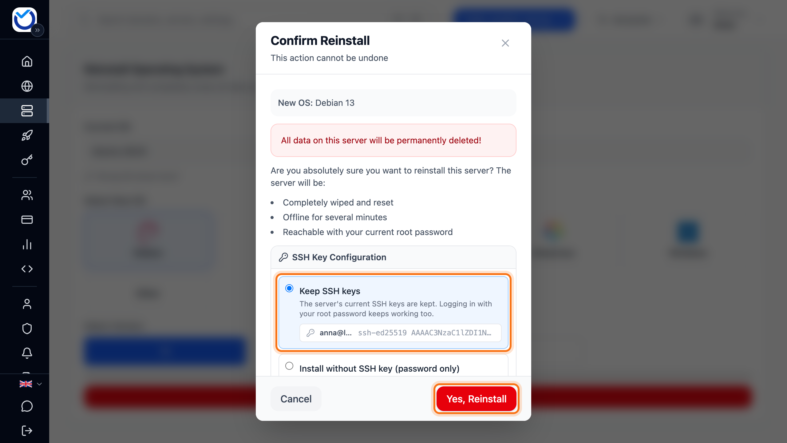 The Confirm Reinstall dialog. The preselected Keep SSH keys option and the Yes, Reinstall button are framed