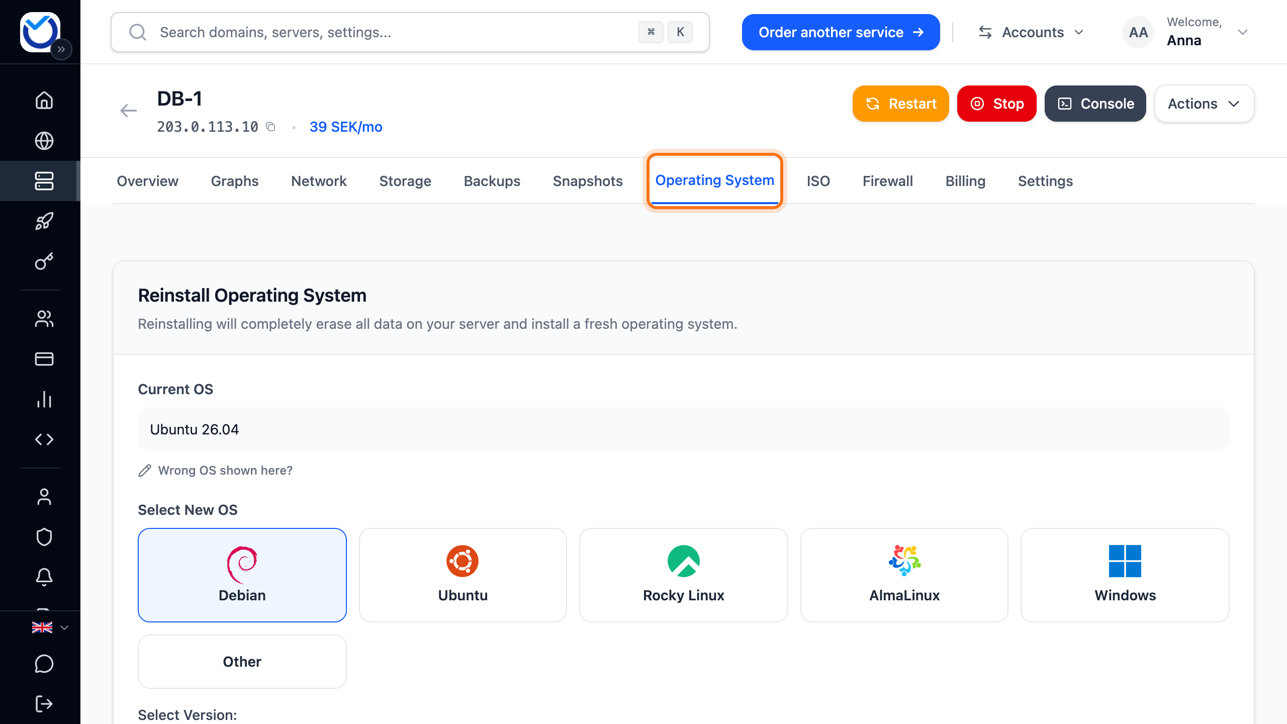 The server page with the Operating System tab framed