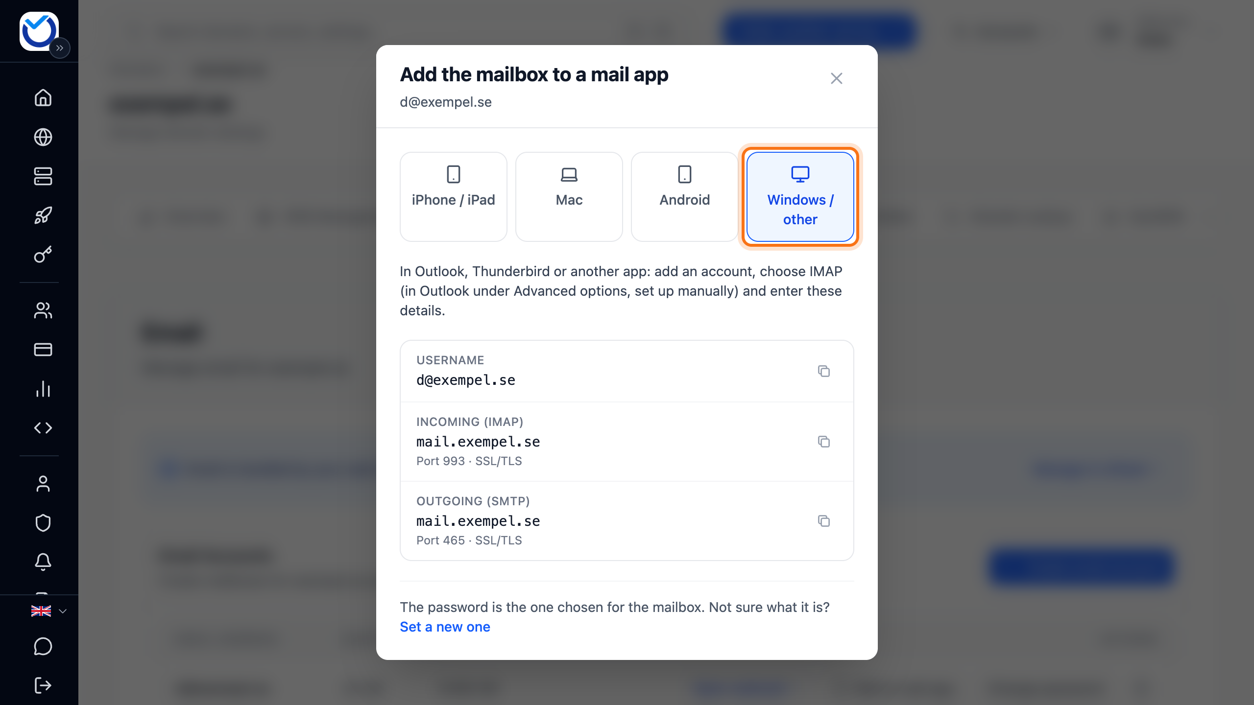 The Add the mailbox to a mail app dialog with the Windows / other choice framed, the username and servers below it