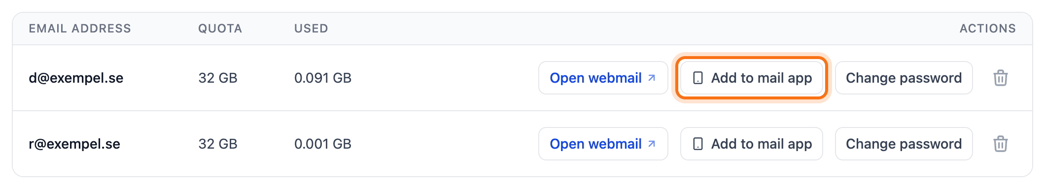 The list of email accounts with the Add to mail app button framed