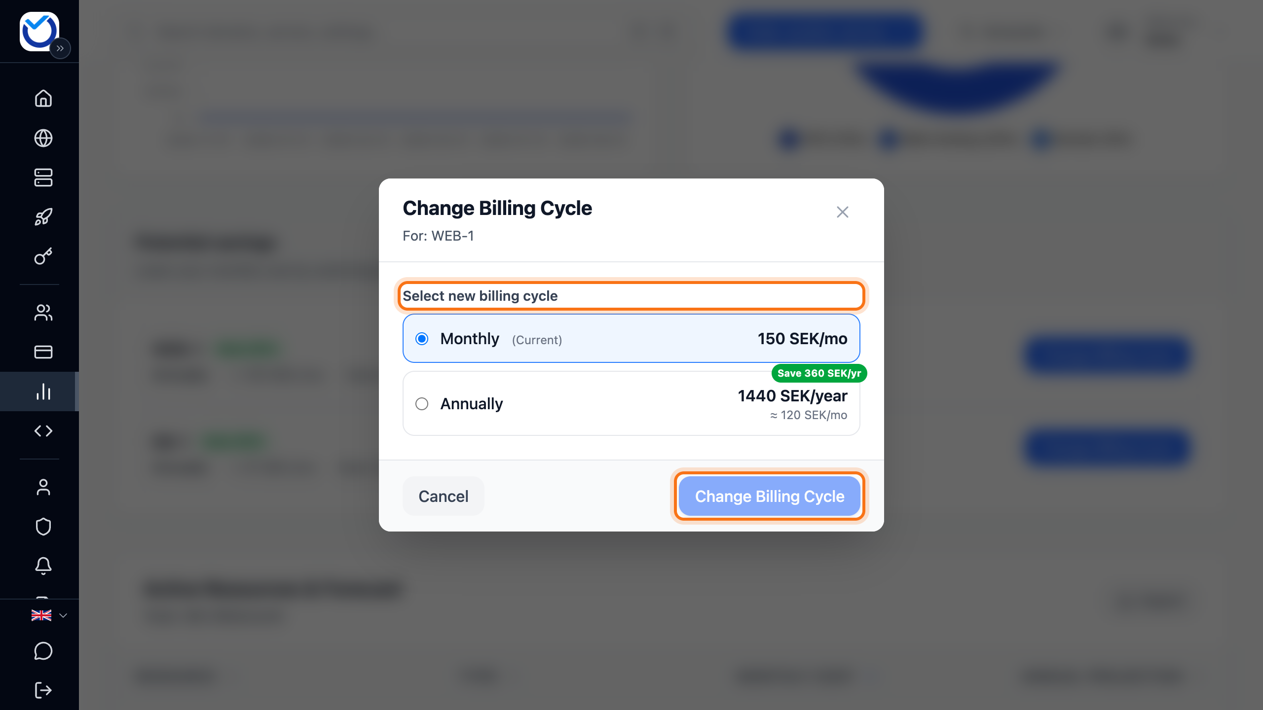 The Change Billing Cycle dialog with Select new billing cycle and the Change Billing Cycle button framed