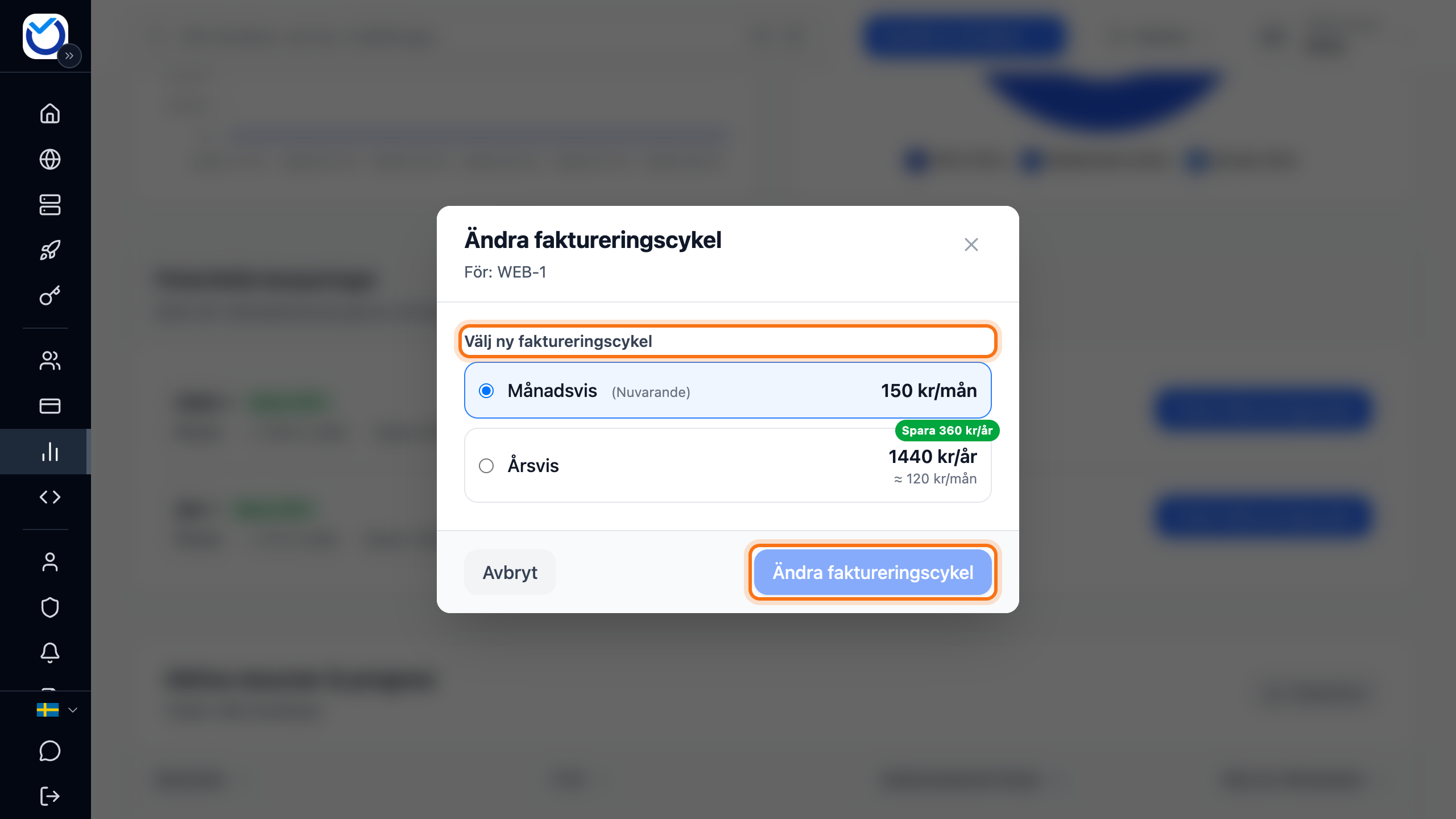 Rutan Ändra faktureringscykel med Välj ny faktureringscykel och knappen Ändra faktureringscykel markerade