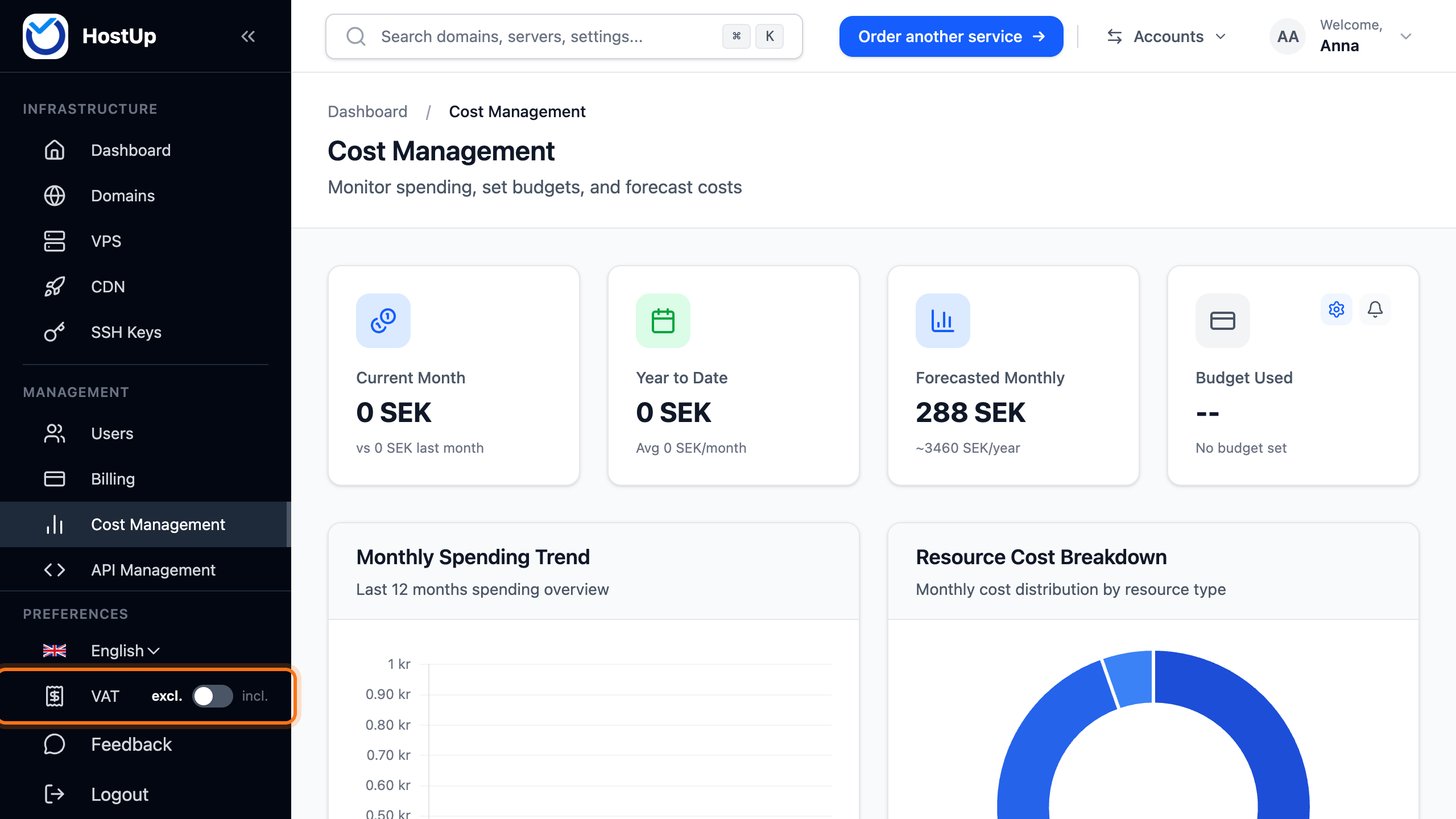 The expanded menu with the VAT switch under Preferences framed