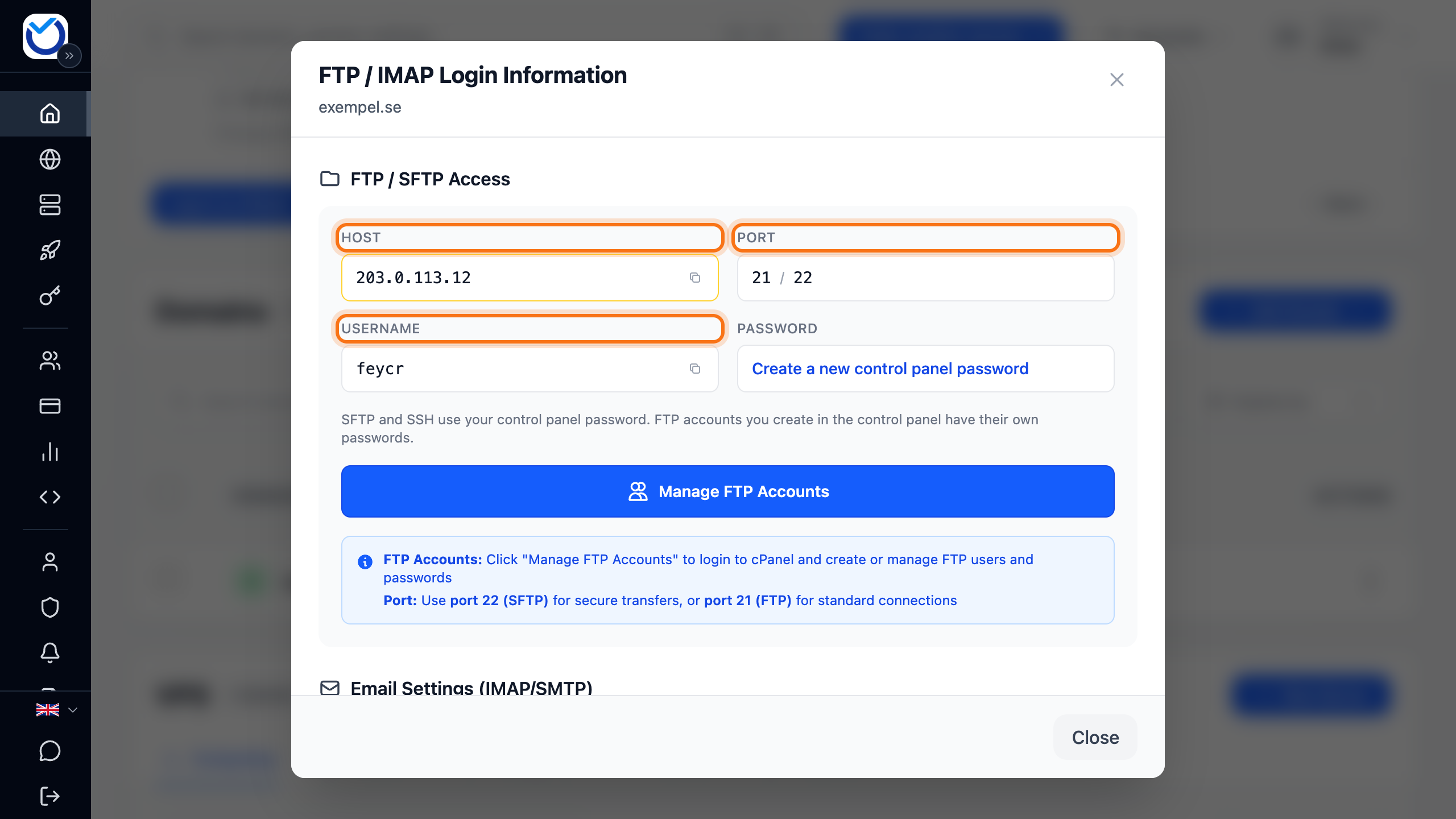 The FTP / IMAP Login Information dialog with the Host, Port and Username fields framed