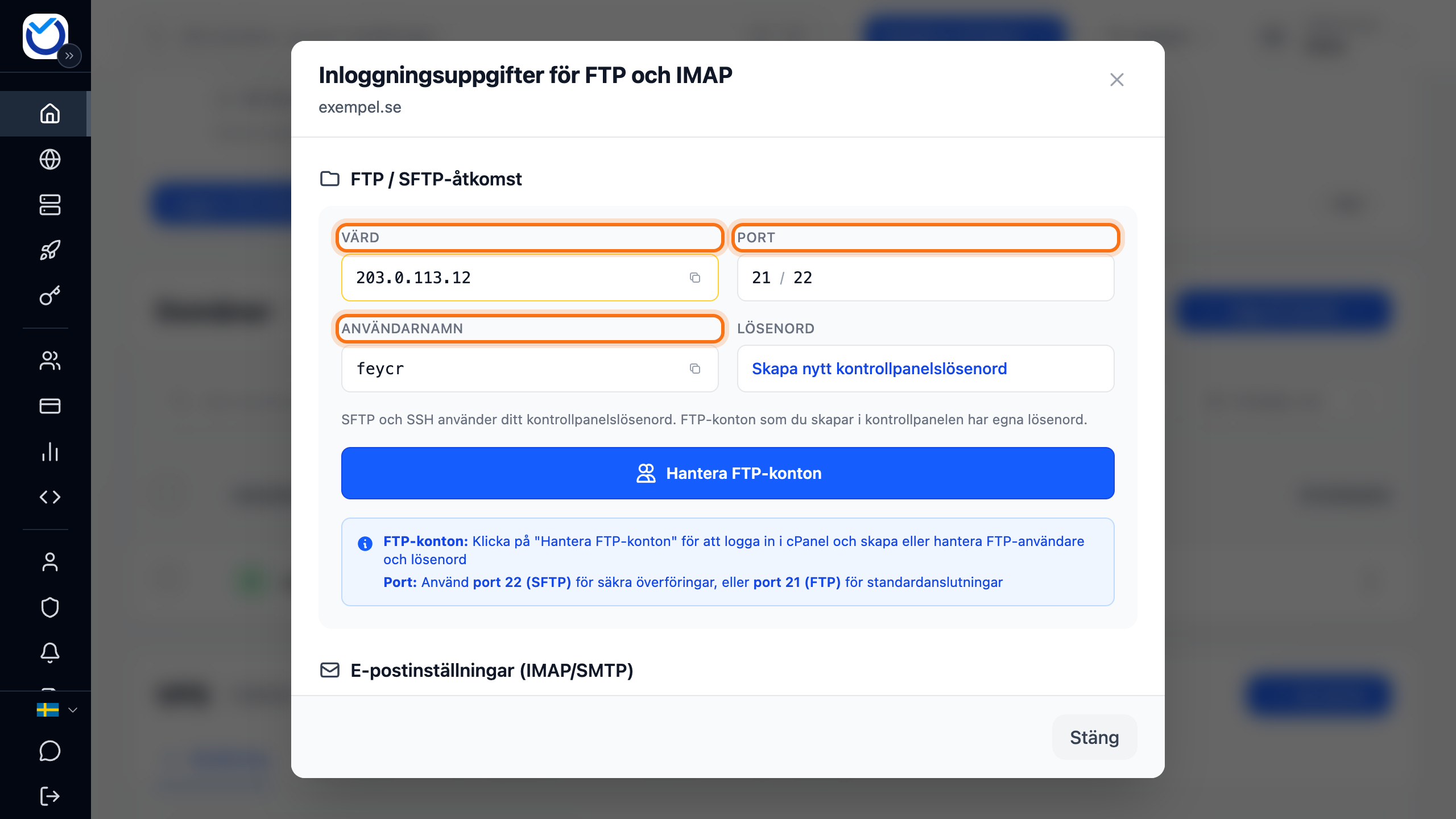 Rutan Inloggningsuppgifter för FTP och IMAP med fälten Värd, Port och Användarnamn markerade