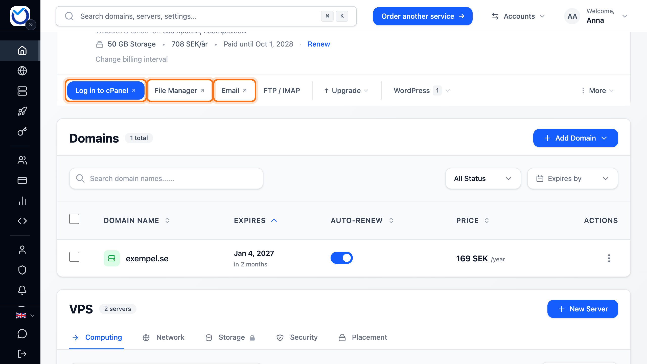 The Dashboard with the web hosting’s Log in to cPanel, File Manager and Email buttons framed