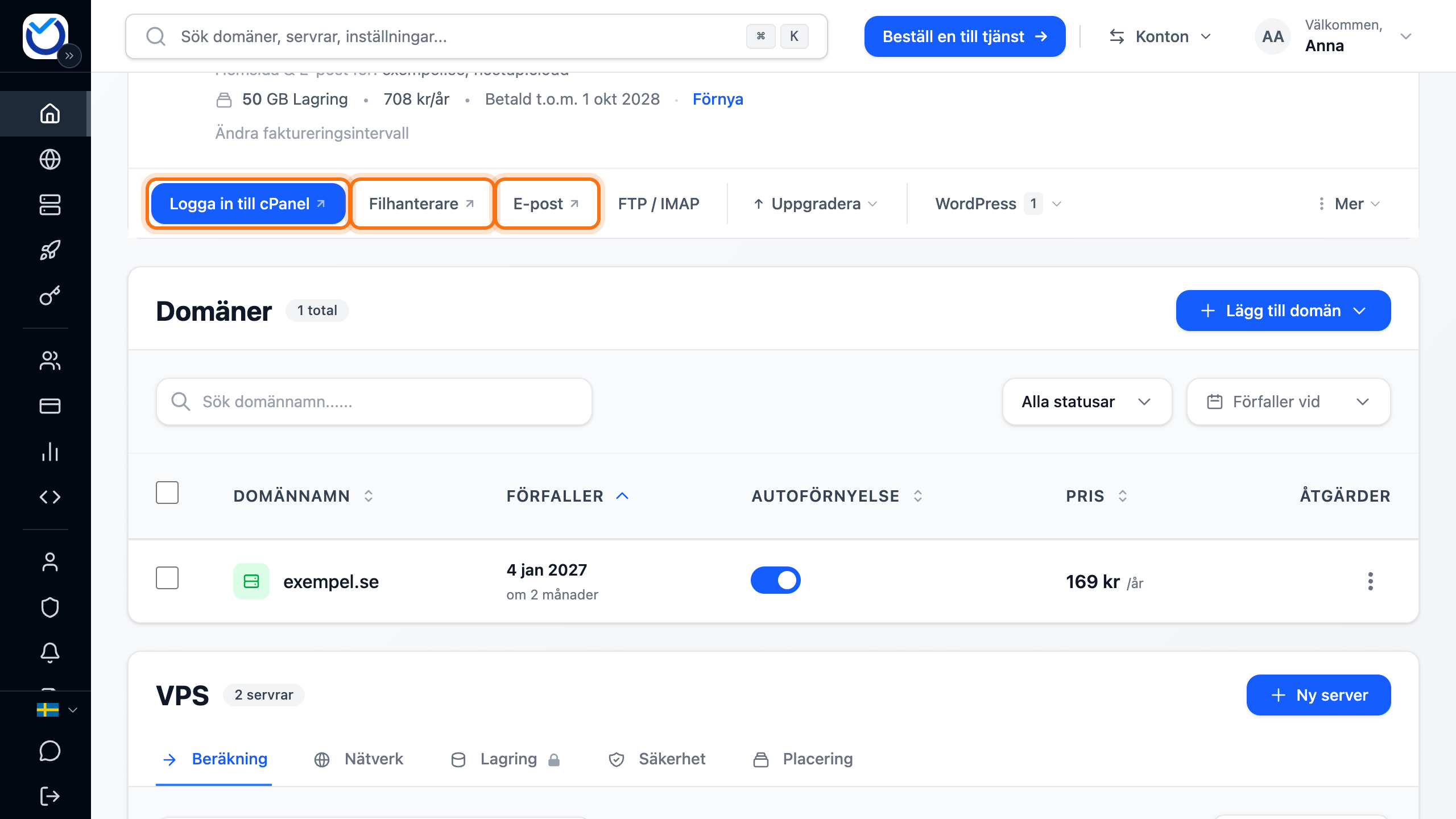 Dashboard med webbhotellets knappar Logga in till cPanel, Filhanterare och E-post markerade