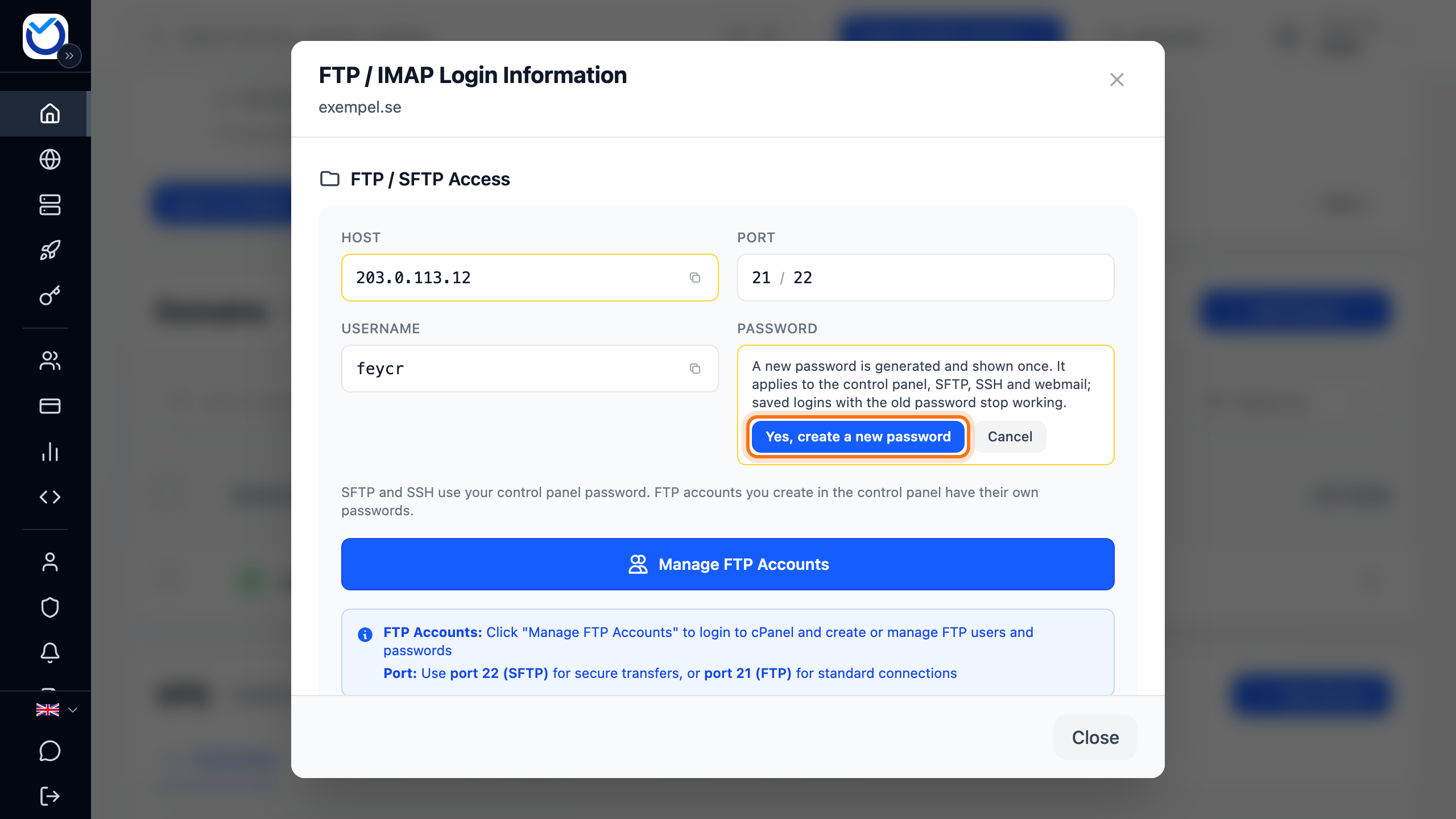 The FTP / IMAP Login Information dialog with the warning about the new password and the Yes, create a new password button framed