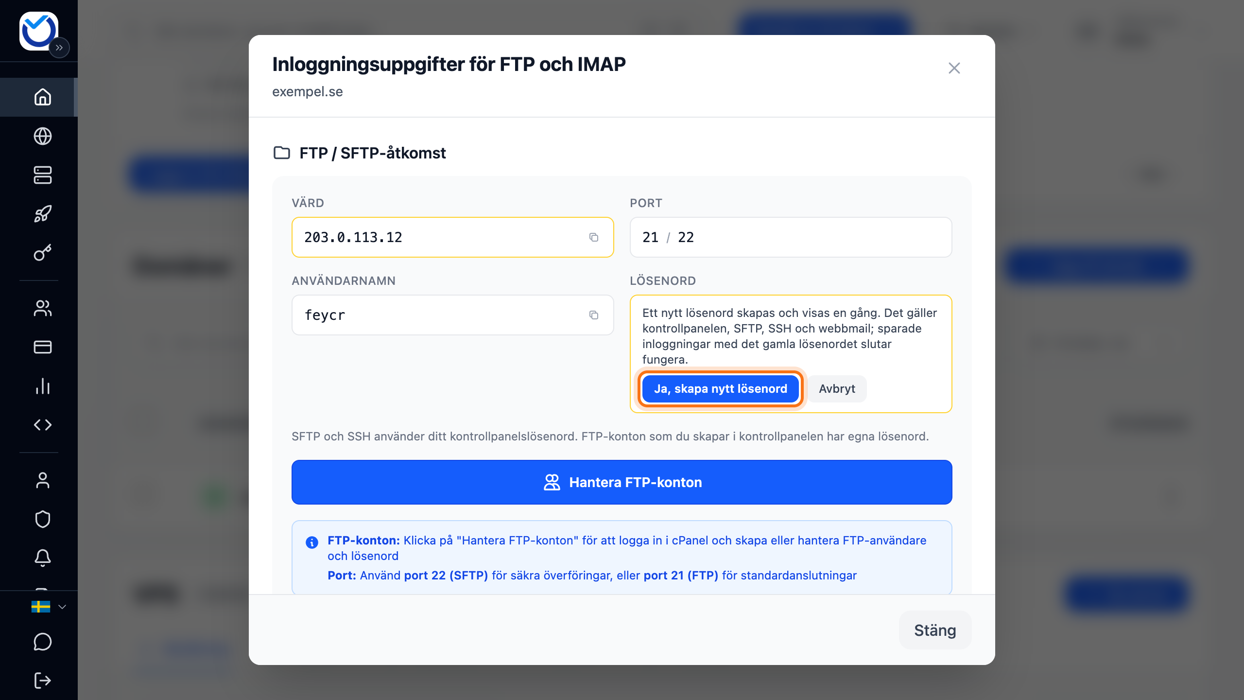 Rutan Inloggningsuppgifter för FTP och IMAP med varningen om det nya lösenordet och knappen Ja, skapa nytt lösenord markerad