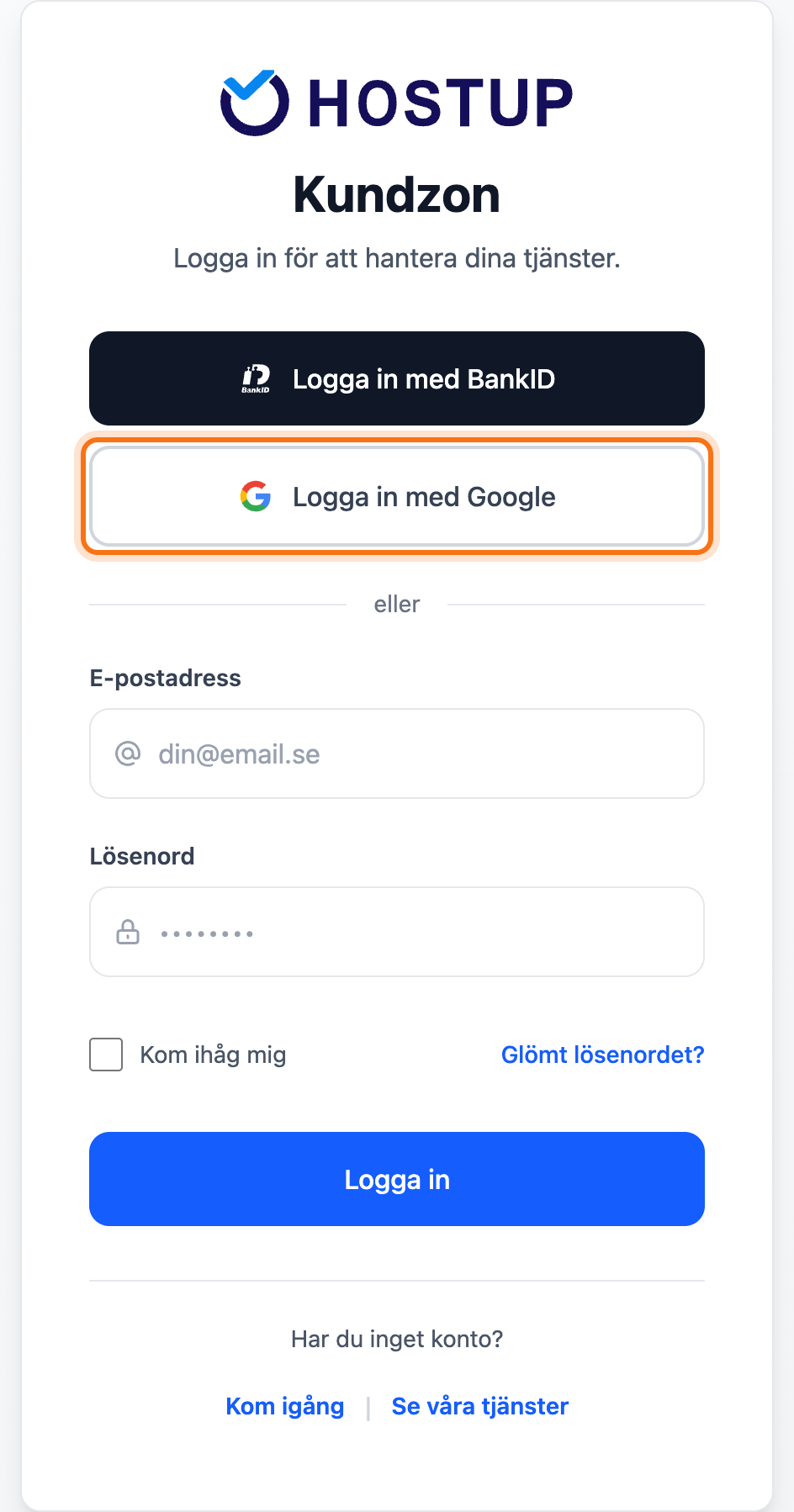 Inloggningssidan med knappen Logga in med Google markerad