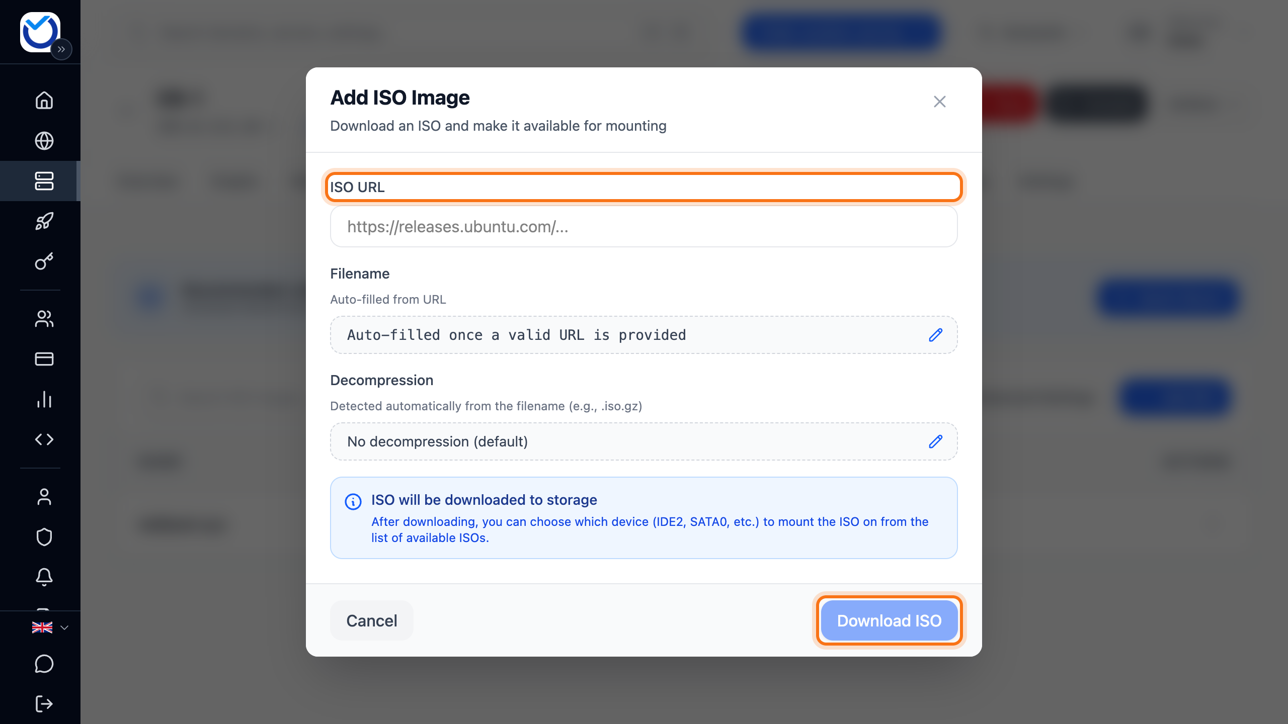 The Add ISO Image dialog with the ISO URL field and the Download ISO button framed