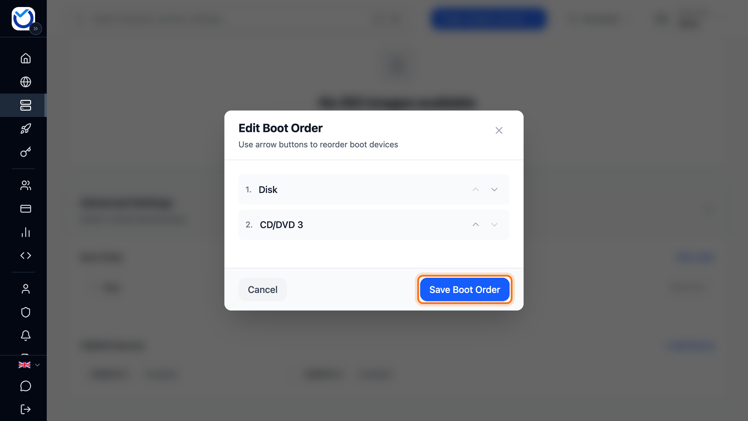 The Edit Boot Order dialog with the arrows beside each device. The Save Boot Order button is framed