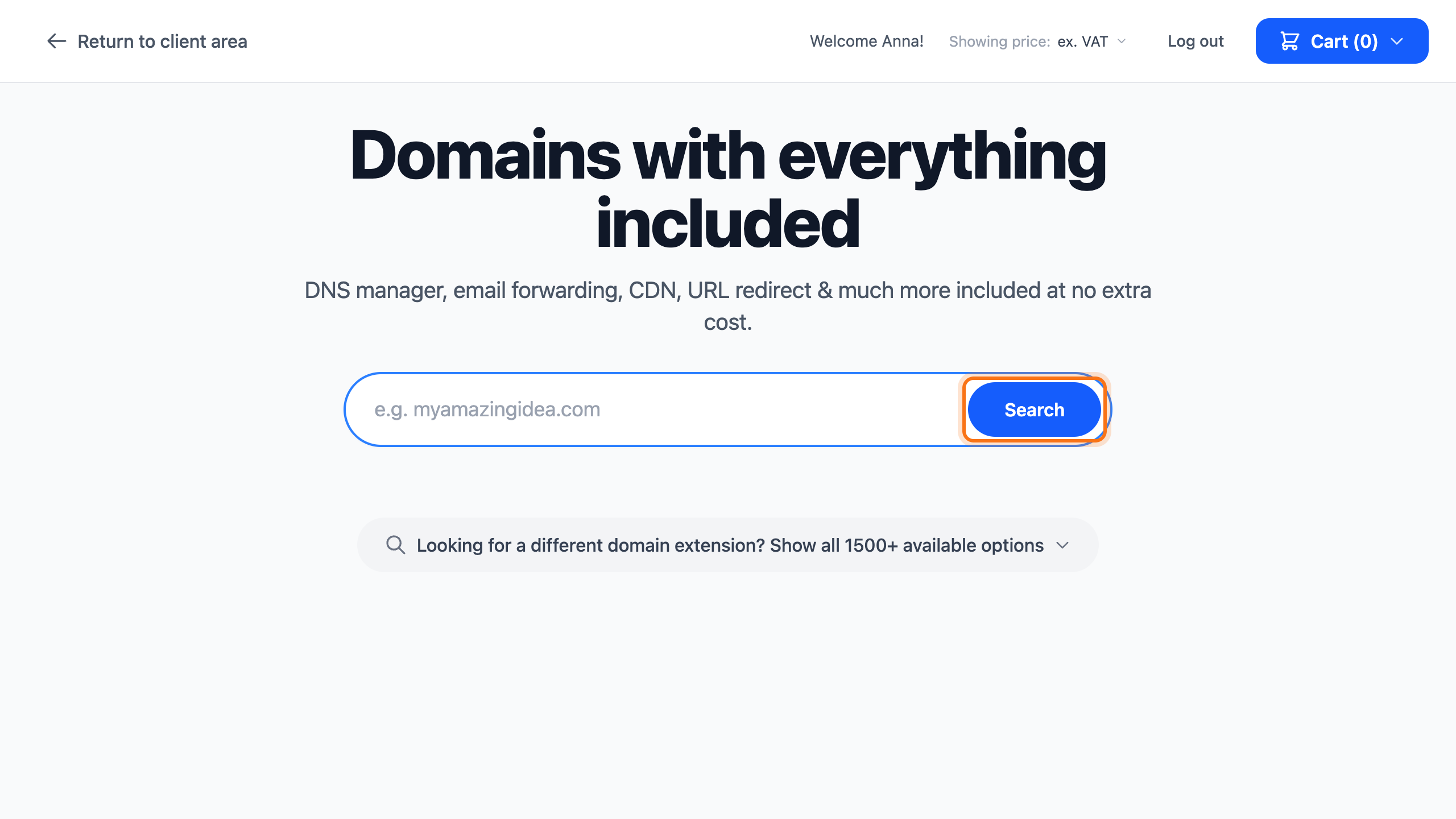 The domain search with the search field and the Search button framed at its right