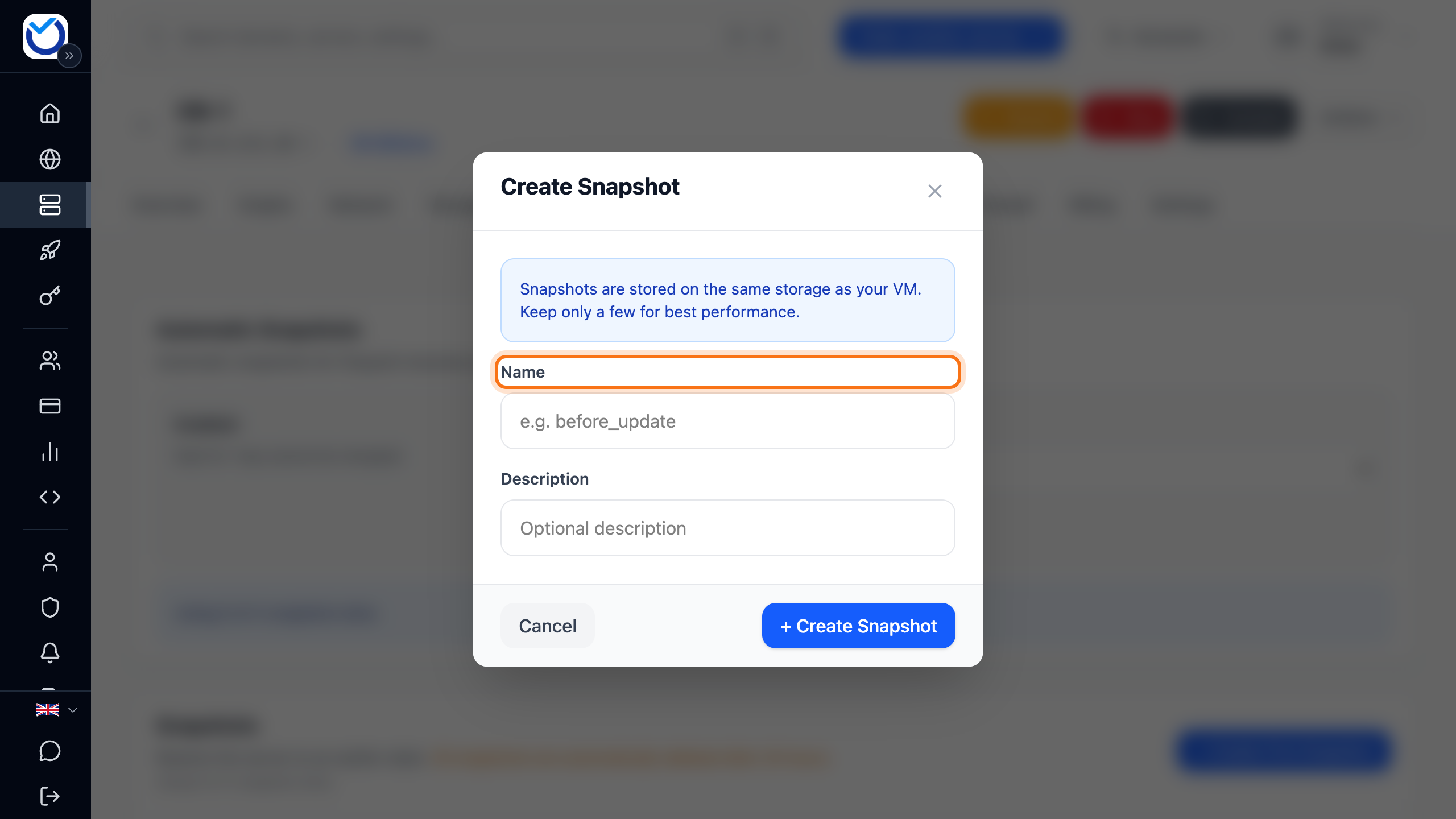 The Create Snapshot dialog with the Name field framed